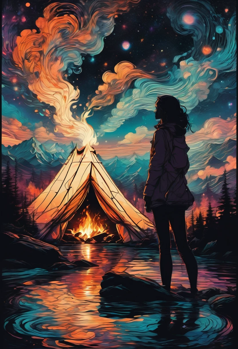 1girl, Campfire, aesthetic, (A beautiful sky, silhouette of a campfire, roaring fire, tent, on the shore by reflective crystal clear water, silhouettes of trees mountains, valleys, reflective clear water), hyperdetailed, color gradient, deep color, complementary colors, beautiful, complex, cosmic, elaborate ethereal, twilight, movement, calm, sincere, faith, perfect reflection