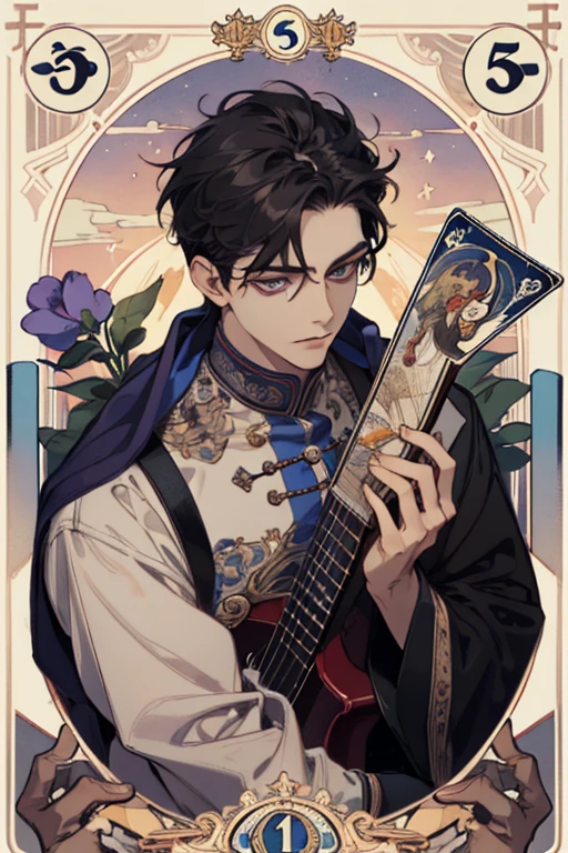 (absurdress, hight resolution, overdetalization), 1 male, up, medium jet-black hair, amused face, cutest, tall muscular guy, Flames swirl around him, wide shoulders, Violet eye, Detailed eyes and detailed face, fool \tarot\, bard, clown, Symbolism, visual art, occultism, Universal, Vision Casting, Philosophical, Iconography, Numerology, Popularity, an artistic, by Alphonse Mucha