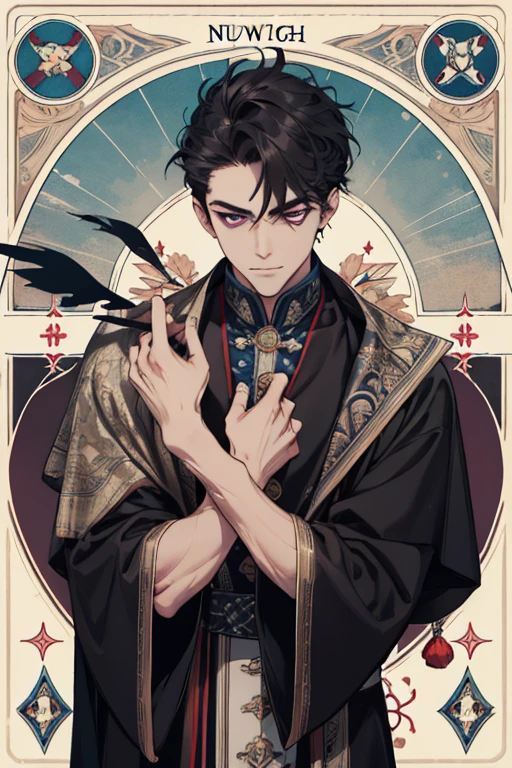 (absurdress, hight resolution, overdetalization), 1 male, up, medium jet-black hair, amused face, cutest, tall muscular guy, Flames swirl around him, wide shoulders, Violet eye, Detailed eyes and detailed face, fool \tarot\, bard, clown, Symbolism, visual art, occultism, Universal, Vision Casting, Philosophical, Iconography, Numerology, Popularity, an artistic, by Alphonse Mucha