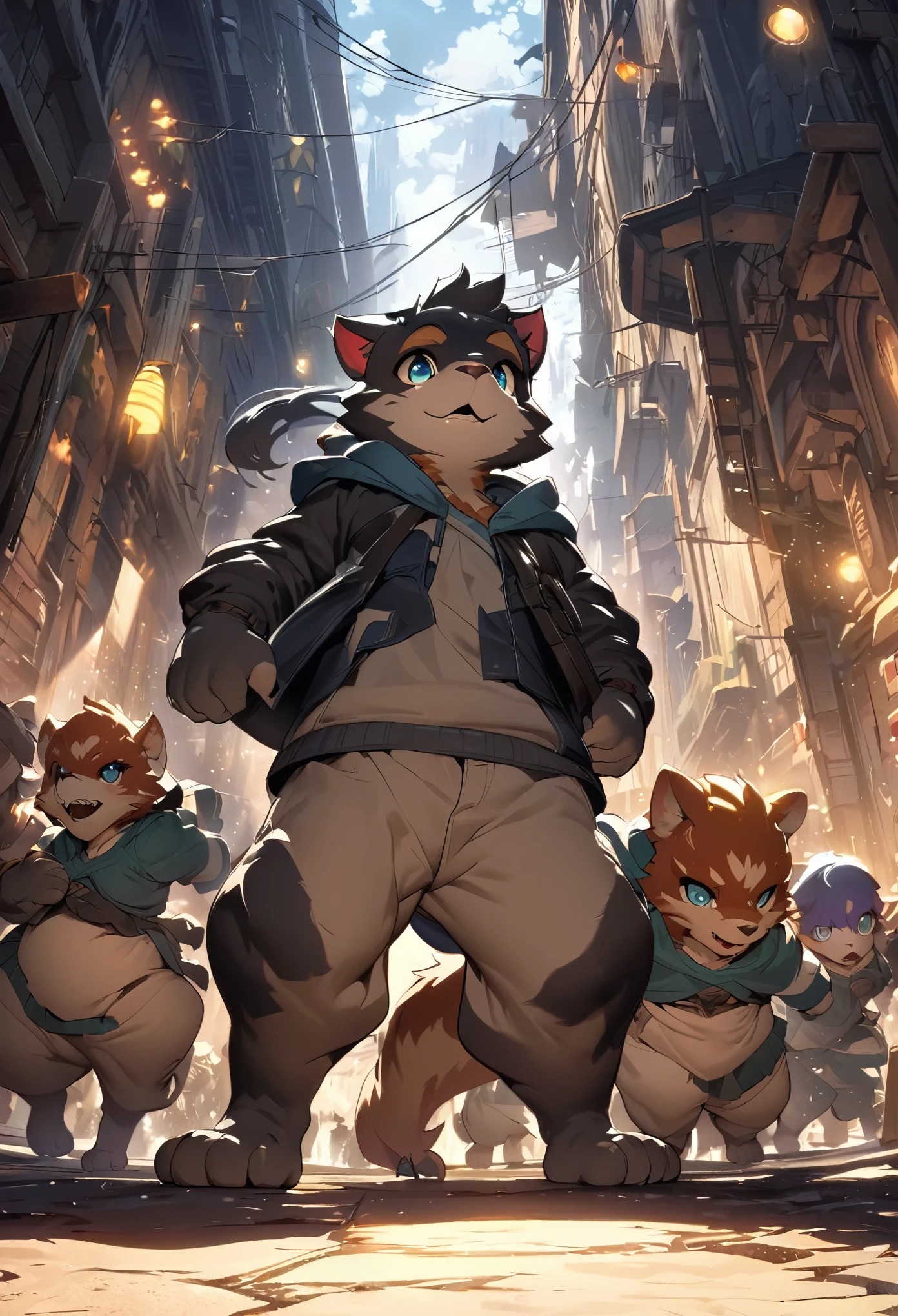 top quality, best quality, High-quality illustrations, masterpiece, super high resolution, detailed background, Back alleys((battle movie of Terrifying creatures and human child)), 6+boys, 6+girls, absurdres(highly detailed beautiful face and eyes)perfect anatomy, expression, caustics, light rays, dynamic lighting, light particles, lens flare, cinematic shadow(kemono, furry anthro)assorted poses, dynamic angle,