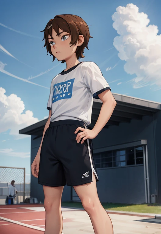 Masterpiece, high resolution, high quality, intricate details, full body portrait, front view, 1boy, solo,  boy, teenage male, short brown hair, looking at viewer, worried and uneasy expression, ((Wearing: White Gym T-shirt, Black Gym shorts, and blue sneakers)), standing, hands on hips, looking at viewer, (Background: outdoors, middle schoo, blue sky, clouds in the sky),
