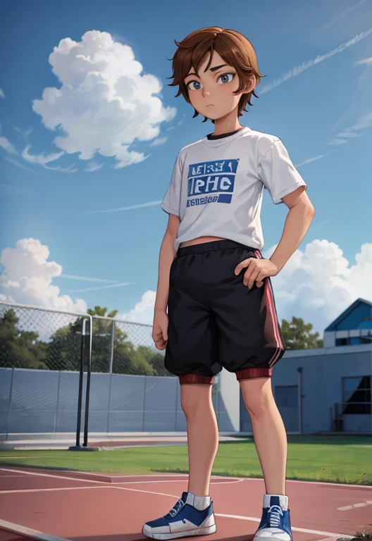 Masterpiece, high resolution, high quality, intricate details, full body portrait, front view, 1boy, solo, 13 years old boy, teenage male, short brown hair, looking at viewer, worried and uneasy expression, ((Wearing: White Gym T-shirt, Black Gym shorts, and blue sneakers)), standing, hands on hips, looking at viewer, (Background: outdoors, middle school track field, blue sky, clouds in the sky),
