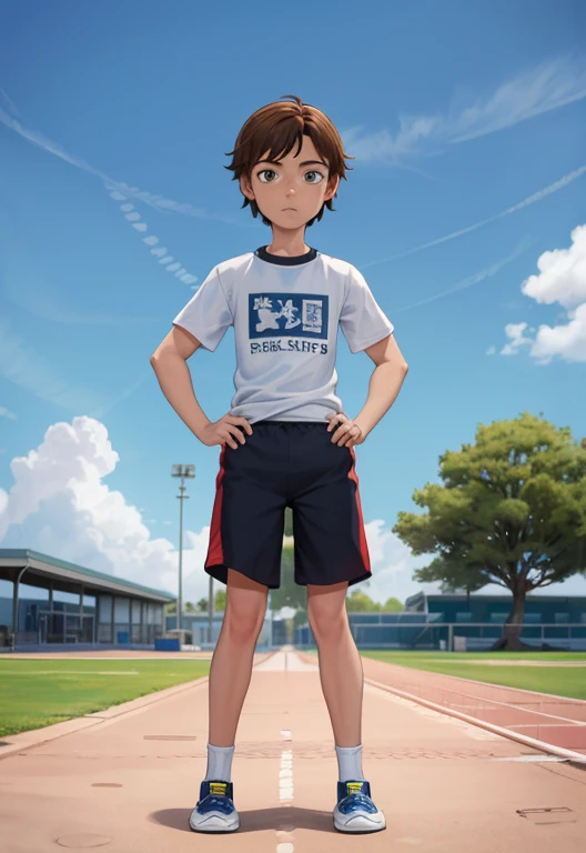 Masterpiece, high resolution, high quality, intricate details, full body portrait, front view, 1boy, solo, 13 years old boy, teenage male, short brown hair, looking at viewer, worried and uneasy expression, ((Wearing: White Gym T-shirt, Black Gym shorts, and blue sneakers)), standing, hands on hips, looking at viewer, (Background: outdoors, middle school track field, blue sky, clouds in the sky),
