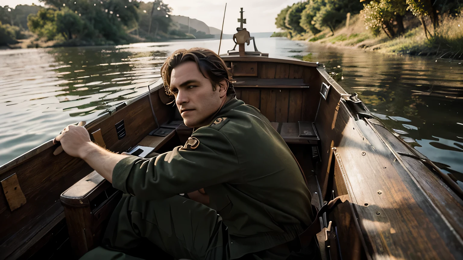 Film in color, 1918, long shot, side view, alone sailor in military service jacket Joaquin Phoenix, rowing in the sun in an empty boat.