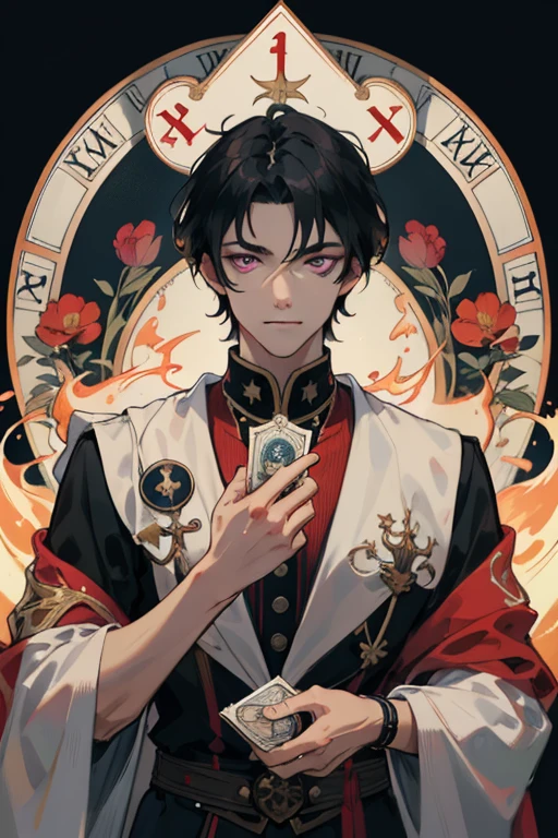 (absurdress, hight resolution, overdetalization), 1 male, grown up, medium jet-black hair, amused face, cutest, tall muscular guy, Flames swirl around him, wide shoulders, Violet eye, Detailed eyes and detailed face, fool \tarot\, bard, clown, Symbolism, visual art, occultism, Universal, Vision Casting, Philosophical, Iconography, Numerology, Popularity, an artistic, by Alphonse Mucha