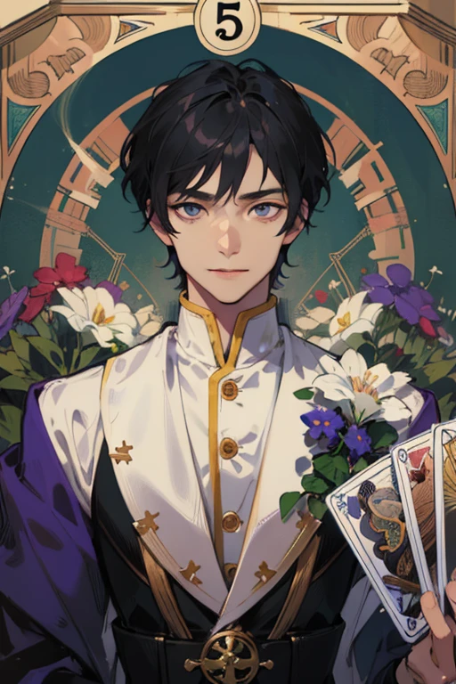 (absurdress, hight resolution, overdetalization), 1 male, grown up, medium jet-black hair, amused face, cutest, tall muscular guy, Flames swirl around him, wide shoulders, Violet eye, Detailed eyes and detailed face, fool \tarot\, bard, clown, Symbolism, visual art, occultism, Universal, Vision Casting, Philosophical, Iconography, Numerology, Popularity, an artistic, by Alphonse Mucha