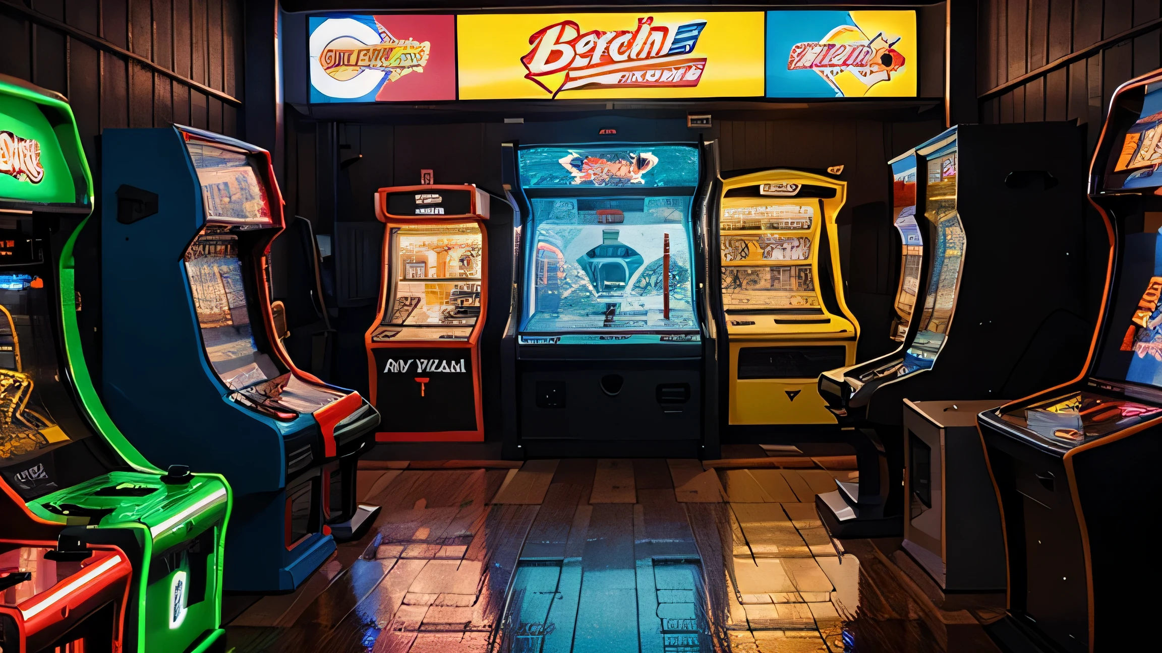 panoramic realistic and neon image, neon, tron, new arcade, sort type of entertainment machine, basketball, shooting, arcade, pinballs, room full of machines all types,