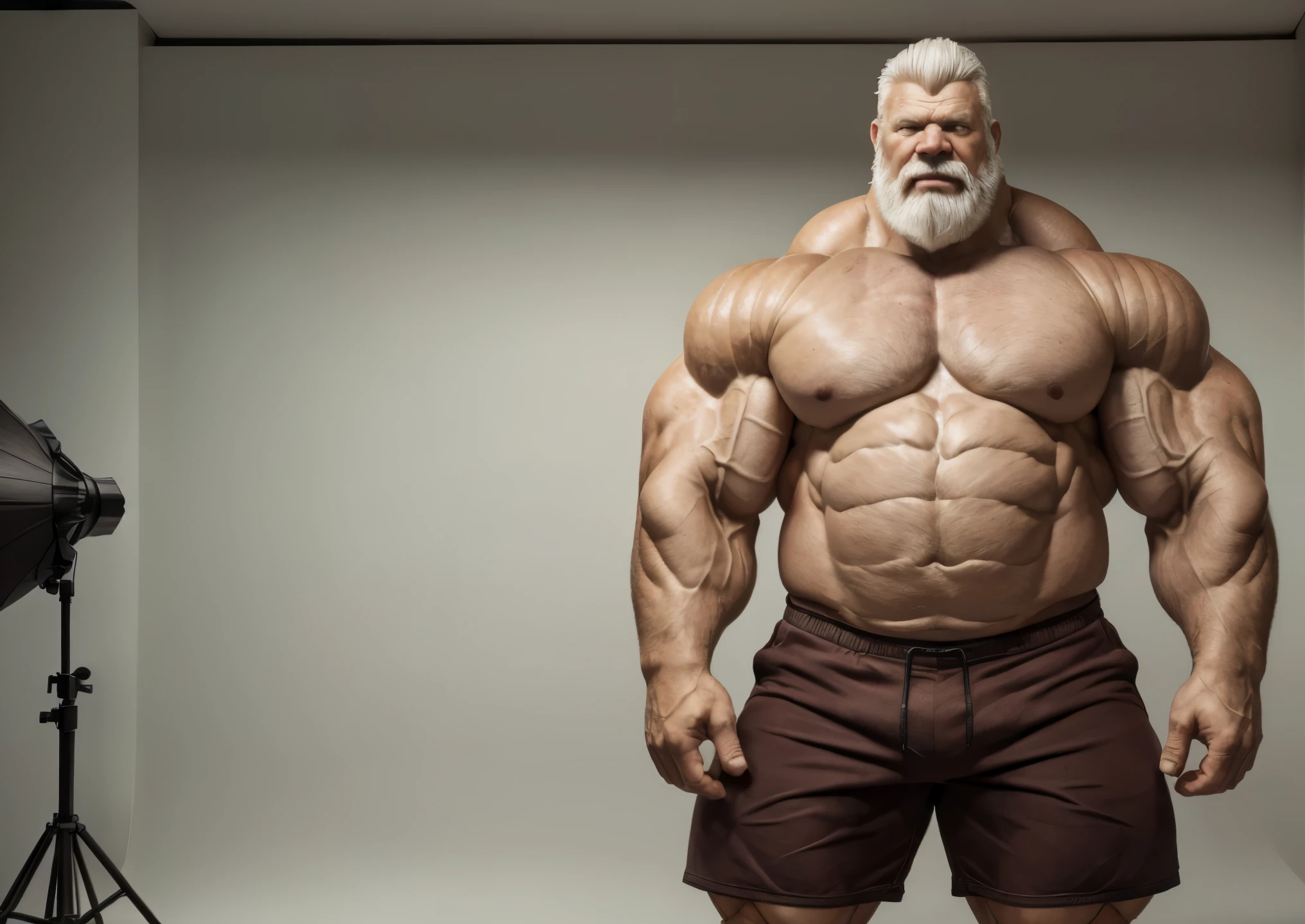 Wide medium shots, ground level camera shot, (best quality,4k,8k,highres,masterpiece:1.2),ultra-detailed,(realistic,photorealistic,photo-realistic:1.37),((massive muscular)) ((huge Muscular)) old man standing in photo studio, simple background,  shorts , white hair, super thick arms, super big pectoral, super wide pectoral, topless, shirtless. 