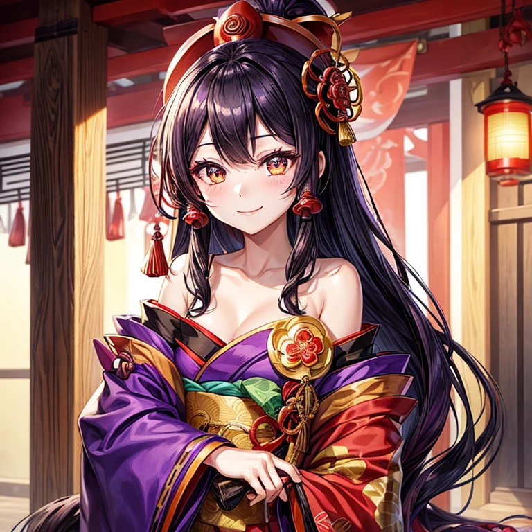 ((Oiran))、((1 girl))、Off-the-shoulder purple kimono、Long black hair、Purple short skirt、((Golden Eyes))、Looking at the camera、smile、