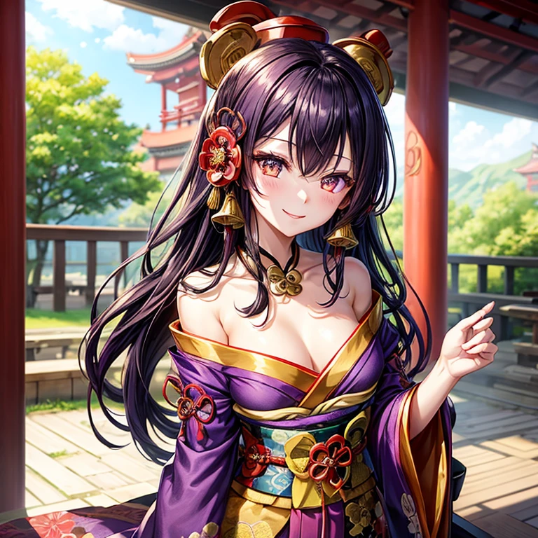 ((Oiran))、((1 girl))、Off-the-shoulder purple kimono、Long black hair、Purple short skirt、((Golden Eyes))、Looking at the camera、smile、