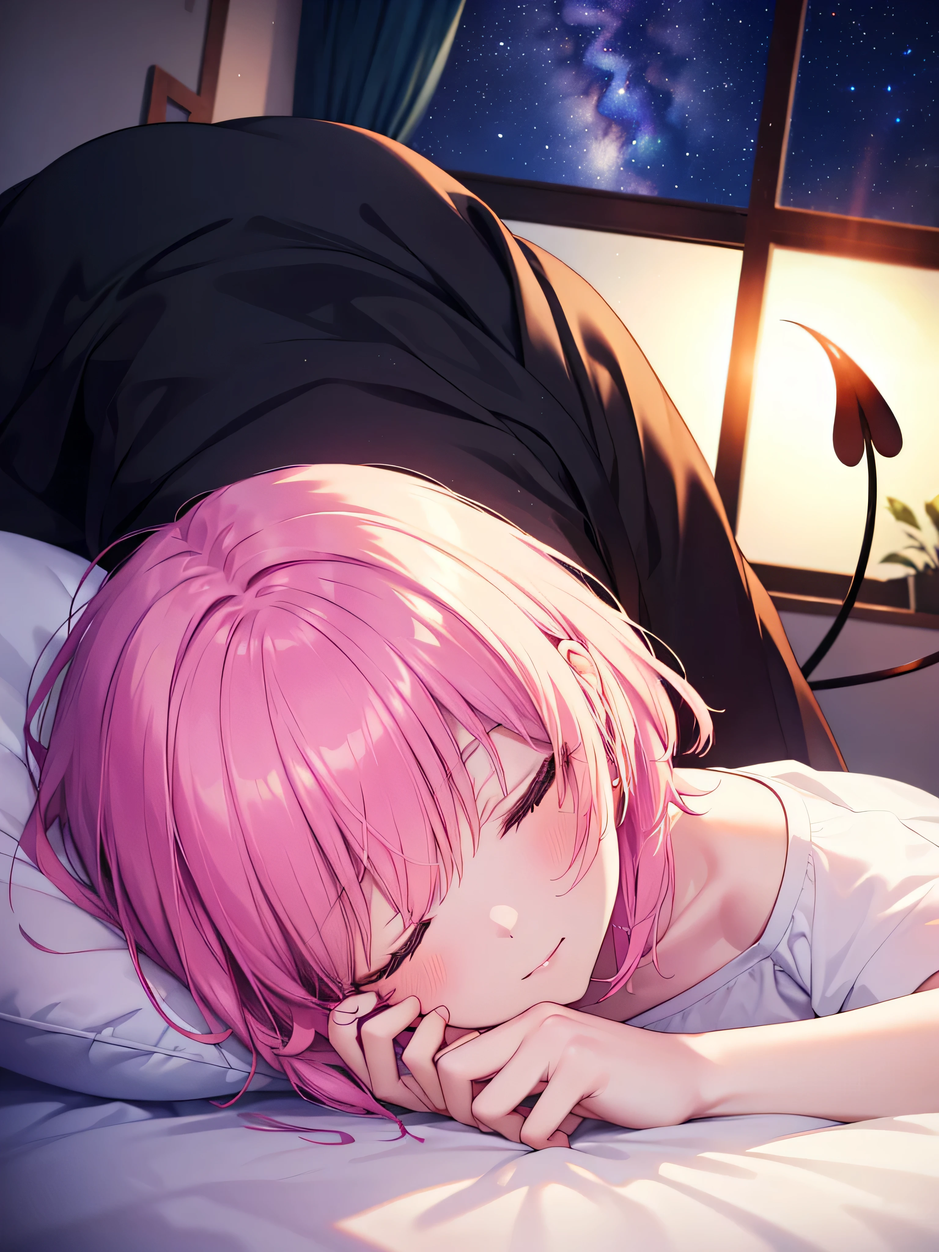 momomodel buildinguke, A type of Deviluke,1woman demon tail, Pink Hair, short hair, tail, smile,Sleep with both eyes closed,
break demon tail, Pink baby person shape,Pink string underwear,Windows,Romantic Starry Sky,A meteor crosses,Sleeping in bed,night,Sleep with your head on the pillow,Sleeping lying on your back in bed,Dark Room,night, Moonlight break indoors, Bedroom,
break (masterpiece:1.2), highest quality, High resolution, unity 8k wallpaper, (shape:0.8), extremely detailed face, Perfect lighting, extremely detailed CG, (Perfect hands, Perfect Anatomy),