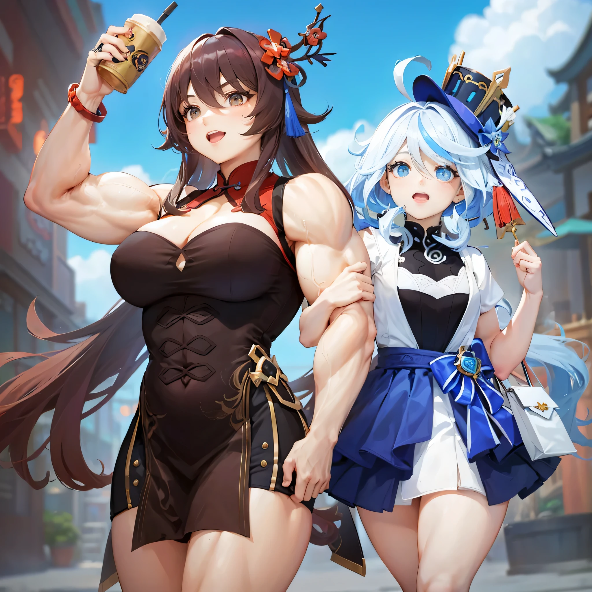2girls,muscular female,shopping, furina hu tao (genshin impact),dress, alternate muscle size, biceps,best quality,muscular,happy,