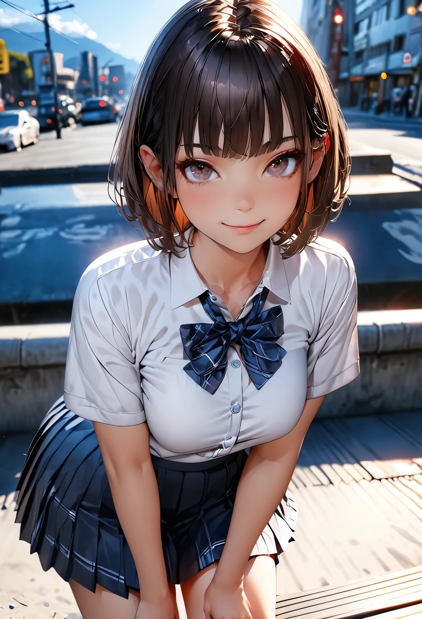 (masterpiece:1.3), (8k、Realistic, RAW Photos, highest quality:1.2), (alone), (1 girl), (cute:1.3), (Very beautiful 14 year old Japanese girl), Symmetrical perfect face, nice smile, Red cheeks, (Skin with attention to detail: 1.2), Photorealistic Anime Girl Rendering, Realistic anime 3D style, beautiful brown hair bob cut, Intense black eyes, Strong eye highlights, (Accurate and natural normal size breasts), Perfect Anatomy, messy hair, (Sailor suit), ((Navy colored white short sleeve shirt, Girls&#39; High School ,  navy pleated skirt, navy blue plaid bow tie)), (Luxury silk bra and panties), Accurate Arm, Five Fingers, Accurate legs, morning, (Beautiful Landscape Background), (Downtown), On the bench, get up, Volumetric lighting, Soft Light, bright, neon, bright色