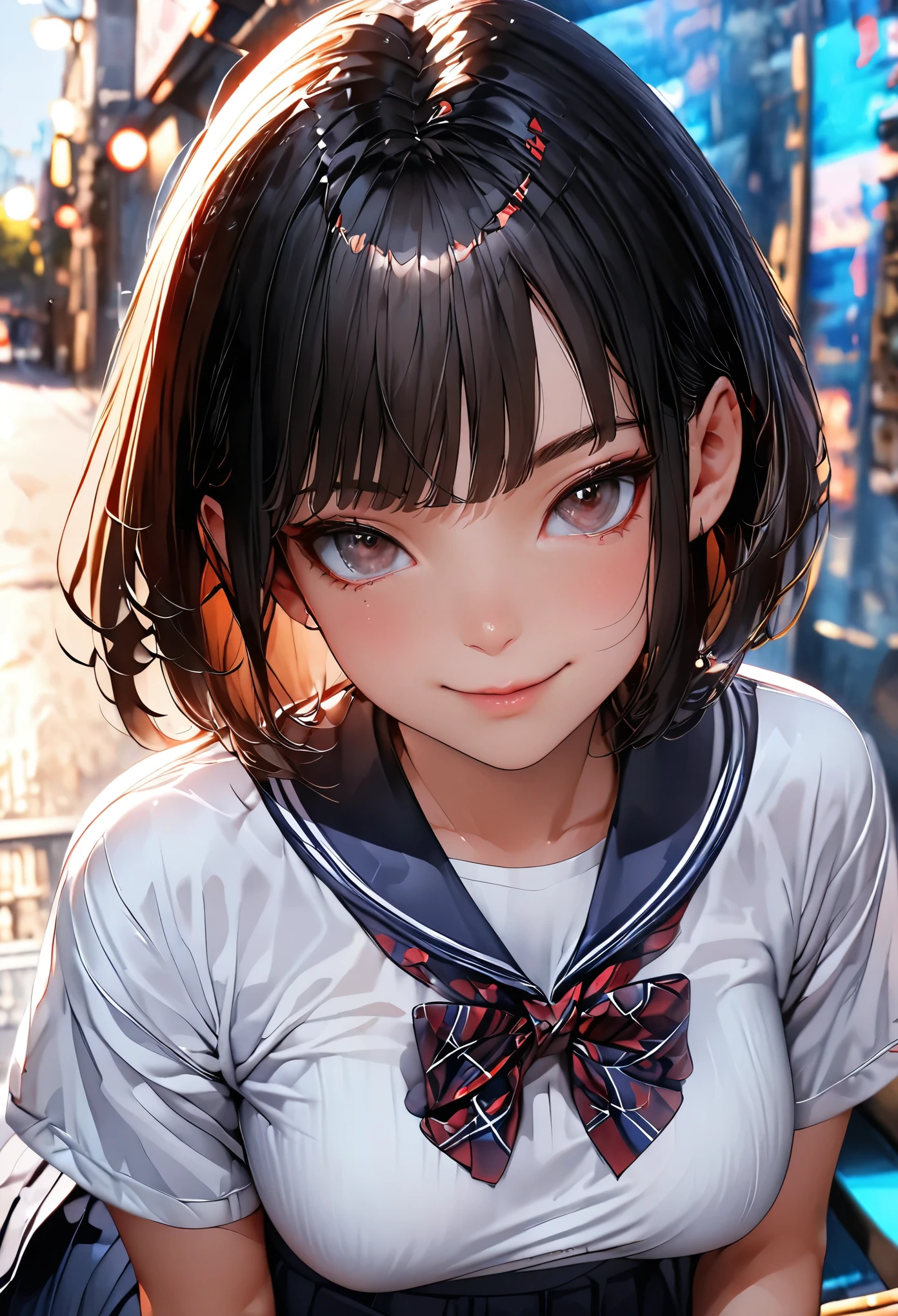 (masterpiece:1.3), (8k、Realistic, RAW Photos, highest quality:1.2), (alone), (1 girl), (cute:1.3), (Very beautiful Japanese girl), Symmetrical perfect face, nice smile, Red cheeks, (Skin with attention to detail: 1.2), Photorealistic Anime Girl Rendering, Realistic anime 3D style, beautiful brown hair bob cut, Intense black eyes, Strong eye highlights, (Accurate and natural normal size breasts), Perfect Anatomy, messy hair, (Sailor suit), ((Navy colored white short sleeve shirt, Girls' High School , navy pleated skirt, navy blue plaid bow tie)), (Luxury silk bra and panties), Accurate Arm, Five Fingers, Accurate legs, morning, (Beautiful Landscape Background), (Downtown), On the bench, get up, Volumetric lighting, Soft Light, bright, neon, bright色