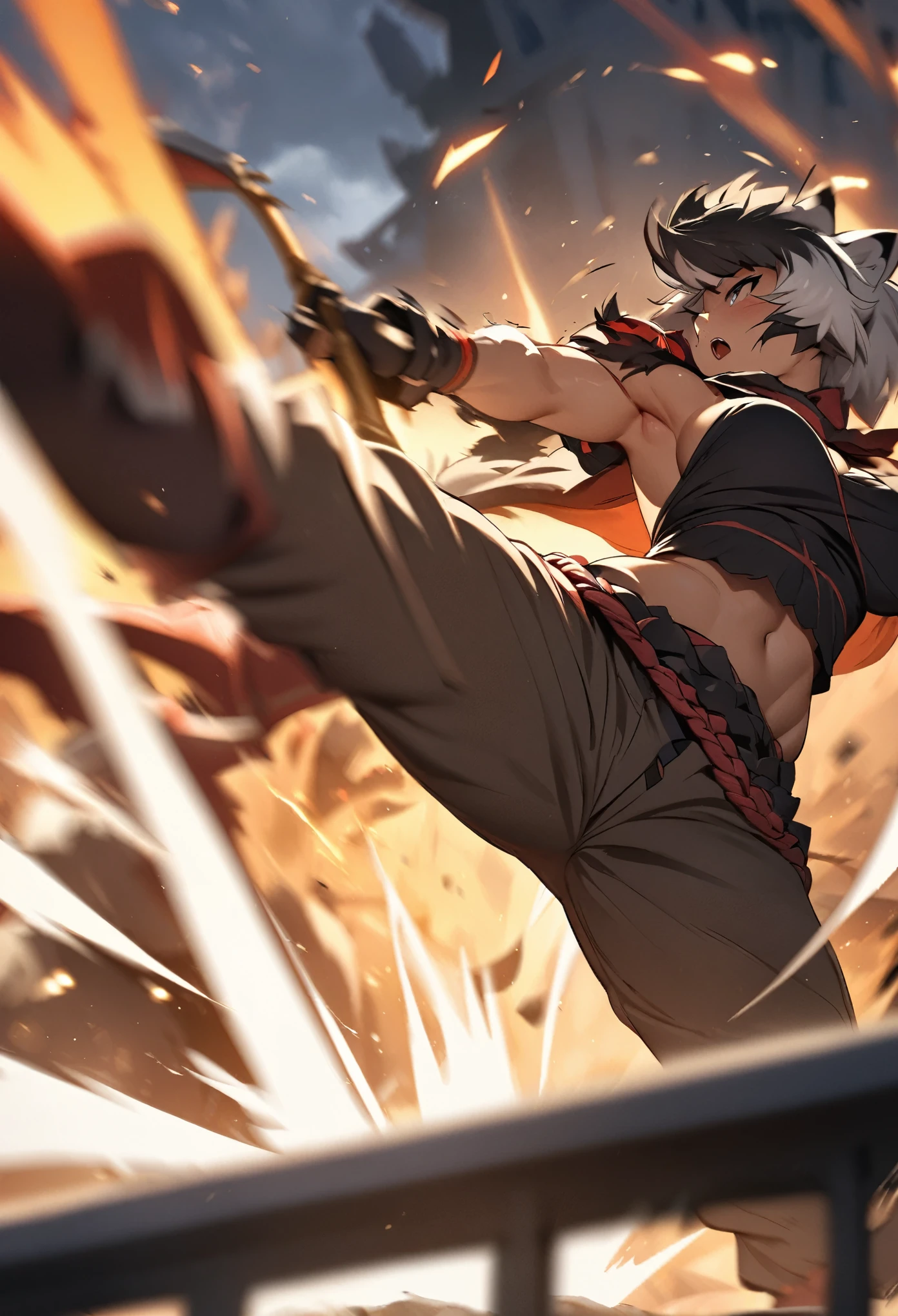 top quality, high-quality illustrations((masterpiece))depth of field, motion blur, absurdres, Perfect Anatomy, magnificent picture of kemono fighting fierce battles, kemono, 1boy, solo focus, Anthro((dramatic))epic, weapon, dynamic pose, One scene of movie,