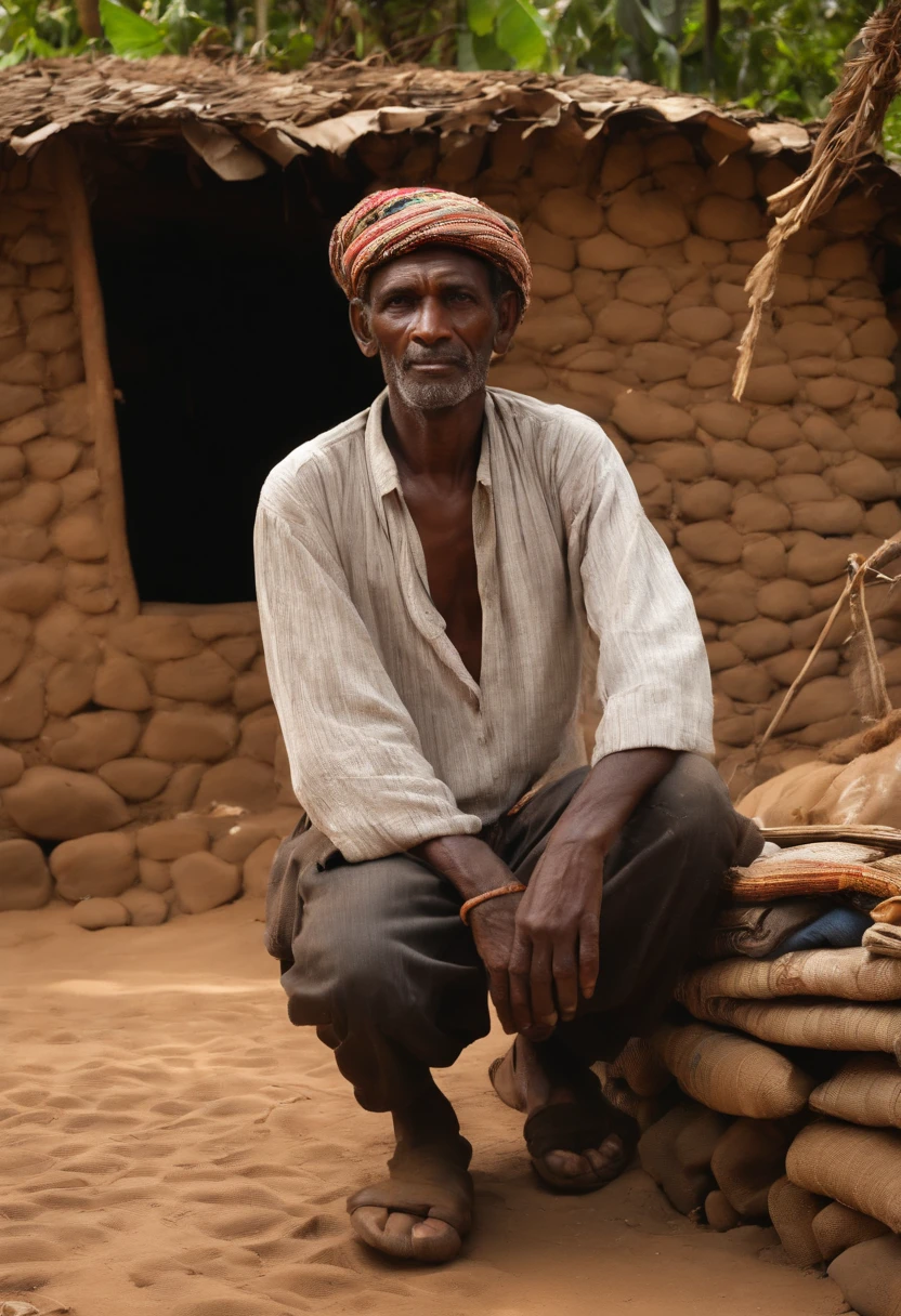 same skinny black man next to a humble cobblestone made of mats and cane hut on the northern slope of Bajada Armendariz, with signs of wear and poverty in worn-out clothe looking distressed