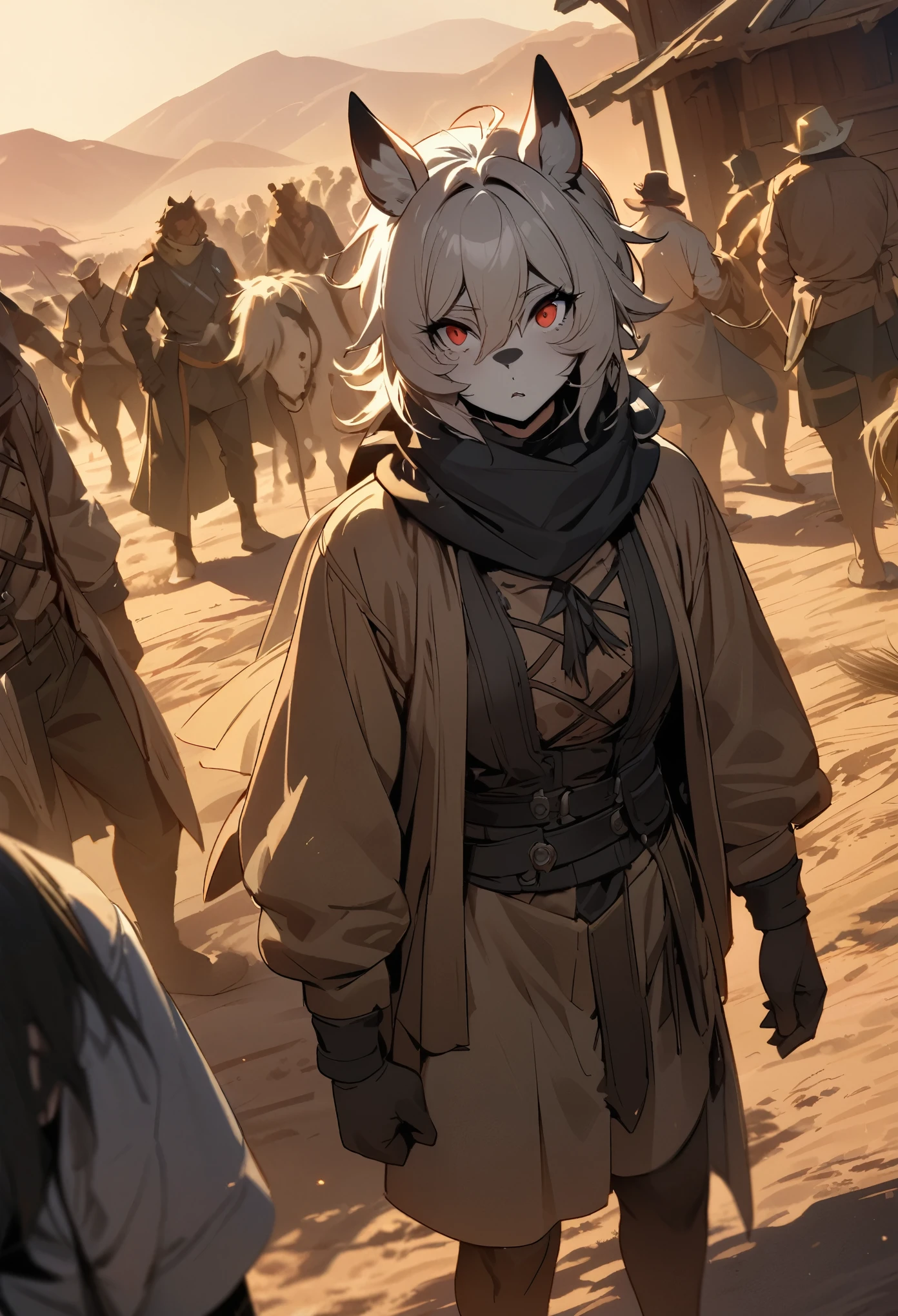 top quality, best quality, High-quality illustrations, masterpiece, super high resolution, detailed background, The desolate and rugged desert landscape at sunset, with the sky turning shades of red and the dry earth stretching into the distance, Cowboys racing across the prairie, stirring up dust as the sound of horse hooves echoes through the air, A lone sheriff standing at the entrance of a saloon, with a wooden sign swaying gently behind him, A gunslinger suddenly emerging from the shadows, his sharp gaze and the silence creating a tense atmosphere, 6+boys, 6+girls, absurdres(highly detailed beautiful face and eyes)perfect anatomy, expression, good lighting, cinematic shadow(kemono, furry anthro)assorted poses, dynamic angle,