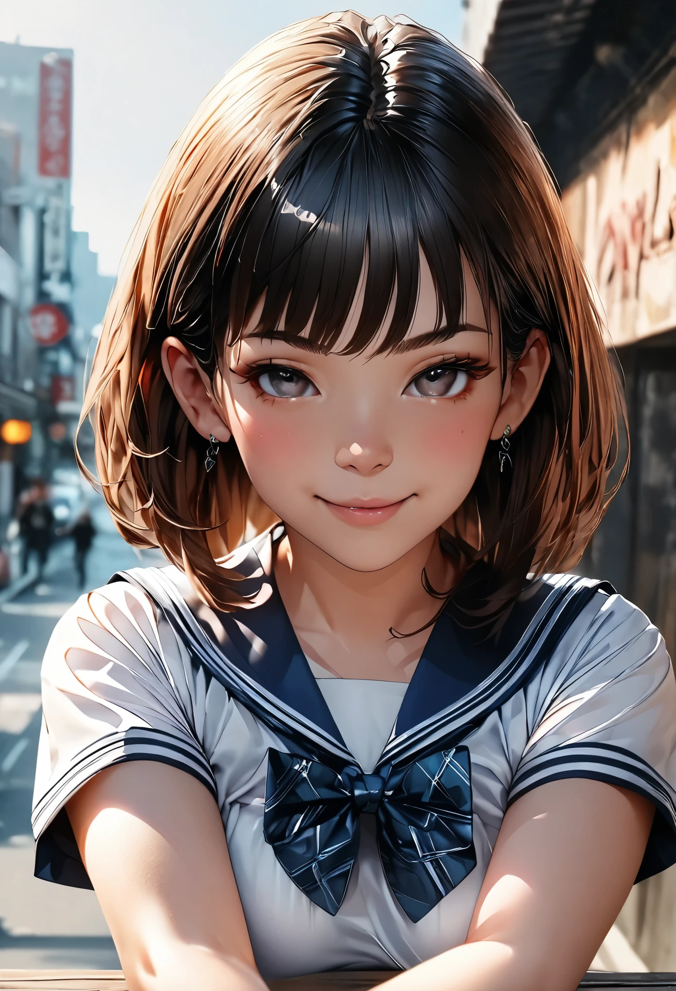 (masterpiece:1.3), (8k、Realistic, RAW Photos, highest quality:1.2), (alone), (1 girl), (cute:1.3), (Very beautiful  Japanese girl), Symmetrical perfect face, nice smile, Red cheeks, (Skin with attention to detail: 1.2), Photorealistic Anime Girl Rendering, Realistic anime 3D style, beautiful brown hair bob cut, Intense black eyes, Strong eye highlights, (Accurate and natural normal size breasts), Perfect Anatomy, messy hair, (Sailor suit), ((Navy colored white short sleeve shirt, Girls&#39; High School ,  navy pleated skirt, navy blue plaid bow tie)), (Luxury silk bra and panties), Accurate Arm, Five Fingers, Accurate legs, morning, (Beautiful Landscape Background), (Downtown), On the bench, get up, Volumetric lighting, Soft Light, bright, neon, bright色