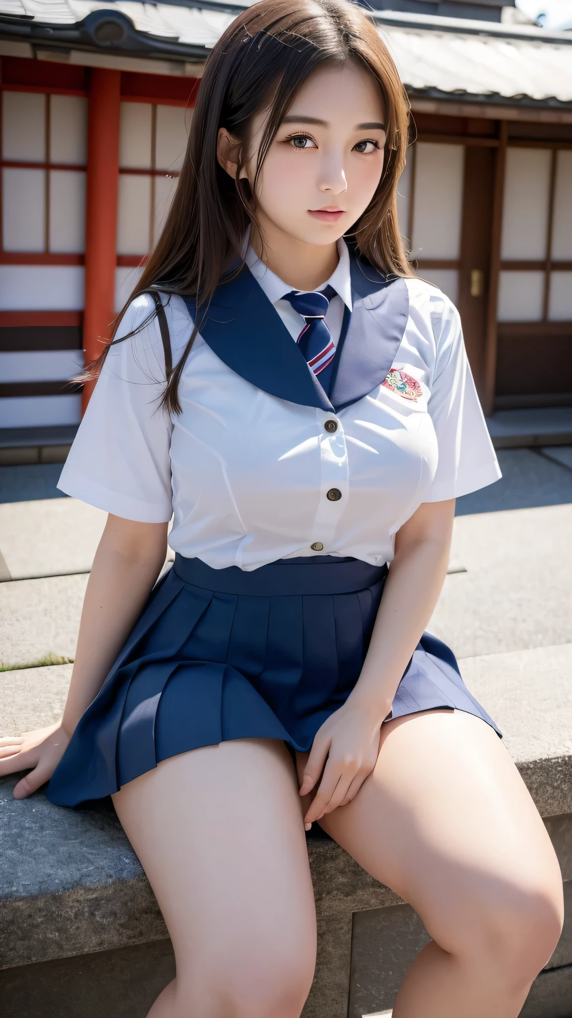 (((masterpiece))),(((High resolution)))、(((8K)))、(((perfect face)))、(((beauty of japan)))、20 years old、(((beautiful face))), (((school uniform))), embarrassed look, look at the camera, ((thighs))、top quality eyes, detailed texture, look at the camera, (plump), (plump thighs), (big tits), ((low angle)), all body
