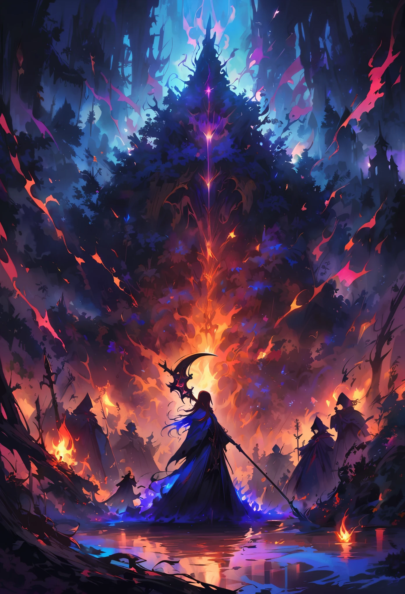 dark forest,blue bonfire,Death standing in the fire,shadows dancing,ominous presence,ethereal mist,sinister atmosphere,majestic figure,gleaming scythe,haunting gaze,powerful aura,eerie glow,flickering flames,gloomy backdrop,spooky ambiance,otherworldly scene,pitch-black surroundings,mysterious energy,crackling fire,whispers of the night,menacing silhouette,mystical setting,sublime blue hues,darkness consumes,ominous stillness,dreadful beauty,spectral flames,hauntingly beautiful,dense forest,ominous figure in the firelight,dark and mysterious,transcendent being,moment of reckoning,Awakener of Souls,fearful symphony,piercing eyes,nightmarish presence,cloaked in darkness,evocative scenery,powerful deity,consumed by shadows,radiant blue flames,mystical darkness,bewitching aura,sombre colors.