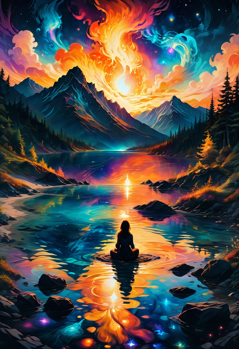 1girl, Campfire, aesthetic, (A beautiful sky, silhouette of a campfire, roaring fire, tent, on the shore by reflective crystal clear water, silhouettes of trees mountains, valleys, reflective clear water), hyperdetailed, color gradient, deep color, complementary colors, beautiful, complex, cosmic, elaborate ethereal, twilight, movement, calm, sincere, faith, perfect reflection