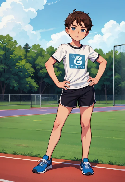 Masterpiece, high resolution, high quality, intricate details, full body portrait, front view, 1boy, solo,  boy, teenage male, short brown hair, looking at viewer, worried and uneasy expression, ((Wearing: White Gym T-shirt, Black Gym shorts, and blue sneakers)), standing, hands on hips, looking at viewer, (Background: outdoors, middle schoo, blue sky, clouds in the sky),
