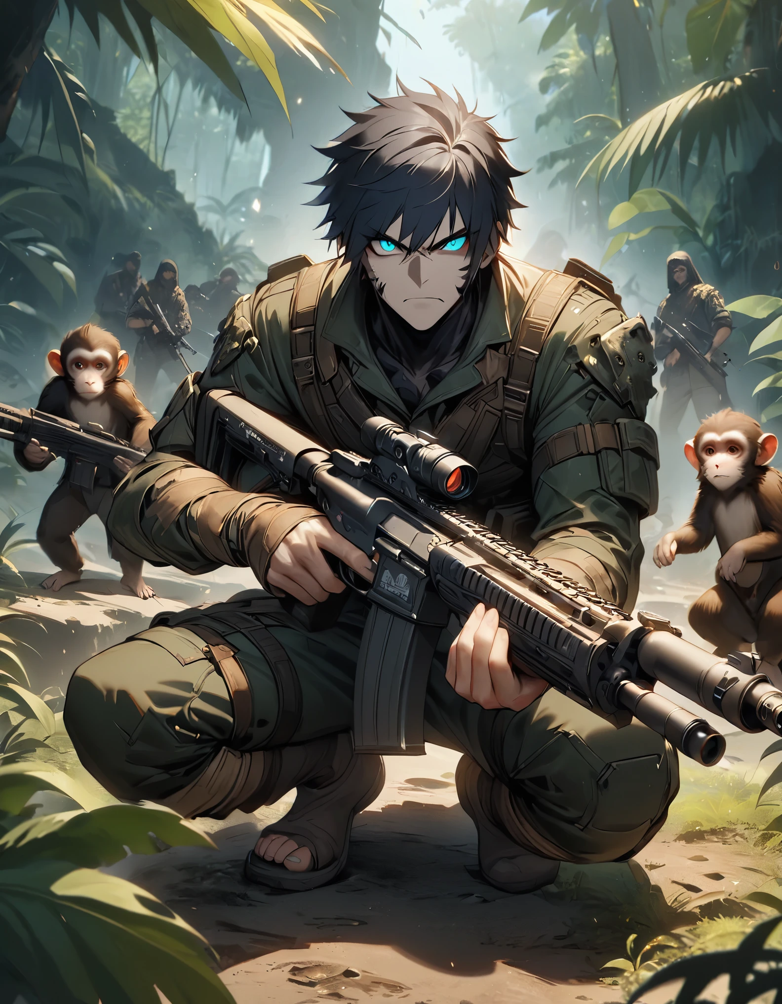 masterpiece, best quality, 1boy, male focus, solo, solo focus, black hair, aquamarine eyes, anthropomorphic, monkey, monkey-human mutant hybrid, mercenary, (holding an assault rifle), crouching position, jungle backdrop, war zone, serious, grim face, full body shot, full body with costume, cowboy shot, danger atmosphere.