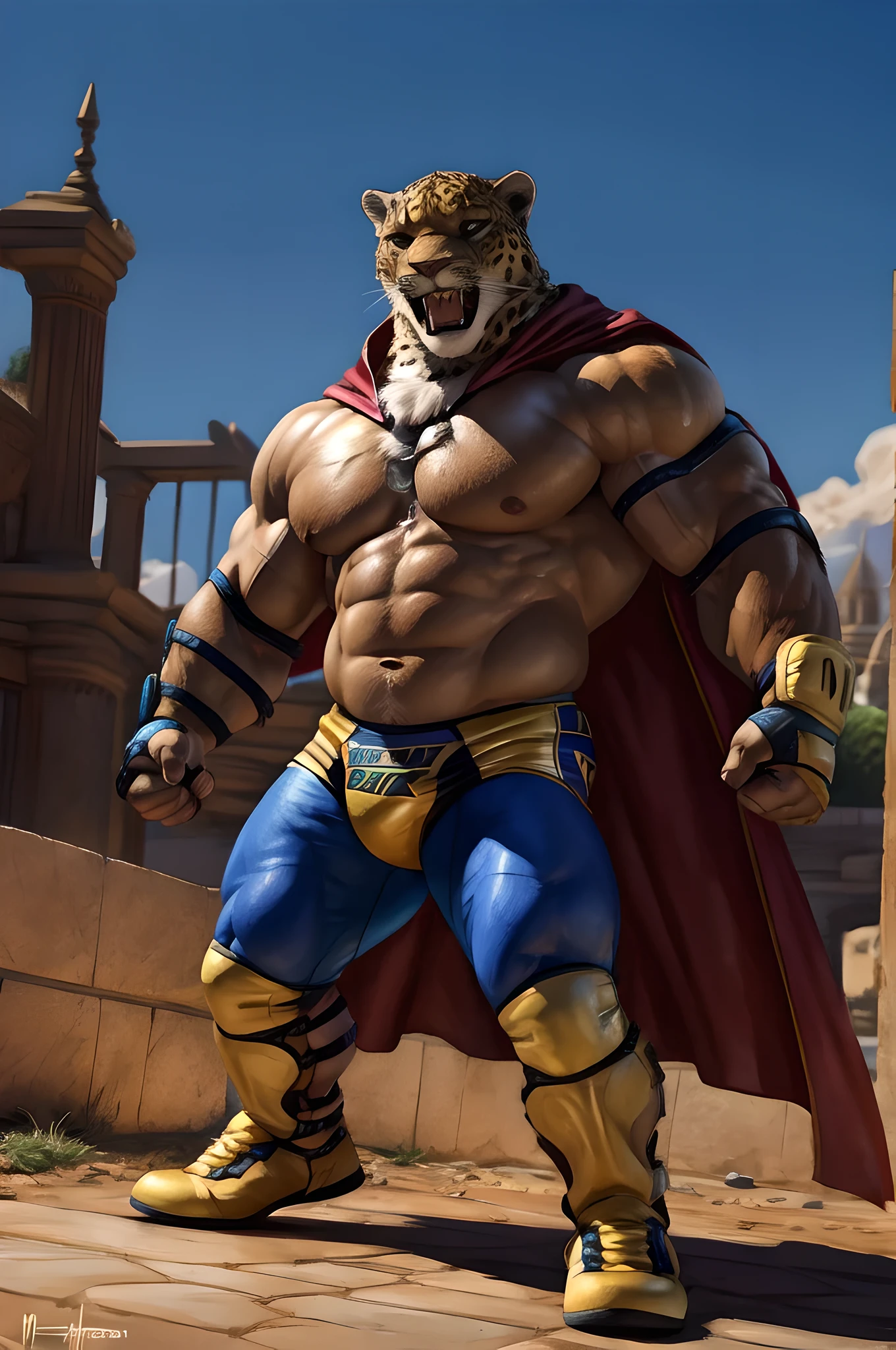 king, tekken, 4k, high resolution, best quality, detailed, posted on e621, solo, human body, jaguar head, male, very muscular, (background out-of-focus, blurry background:1.3), correct anatomy, (realistic skin, realistic lighting, strong shadows, dramatic lighting):1.3, (by wfa, by takemoto arashi, by meesh, by Taran Fiddler), sweat:1.3, detailed eyes, wrestling outfit, bare chest, shirtless, cape, wrestling gloves, correct fists, detailed fists