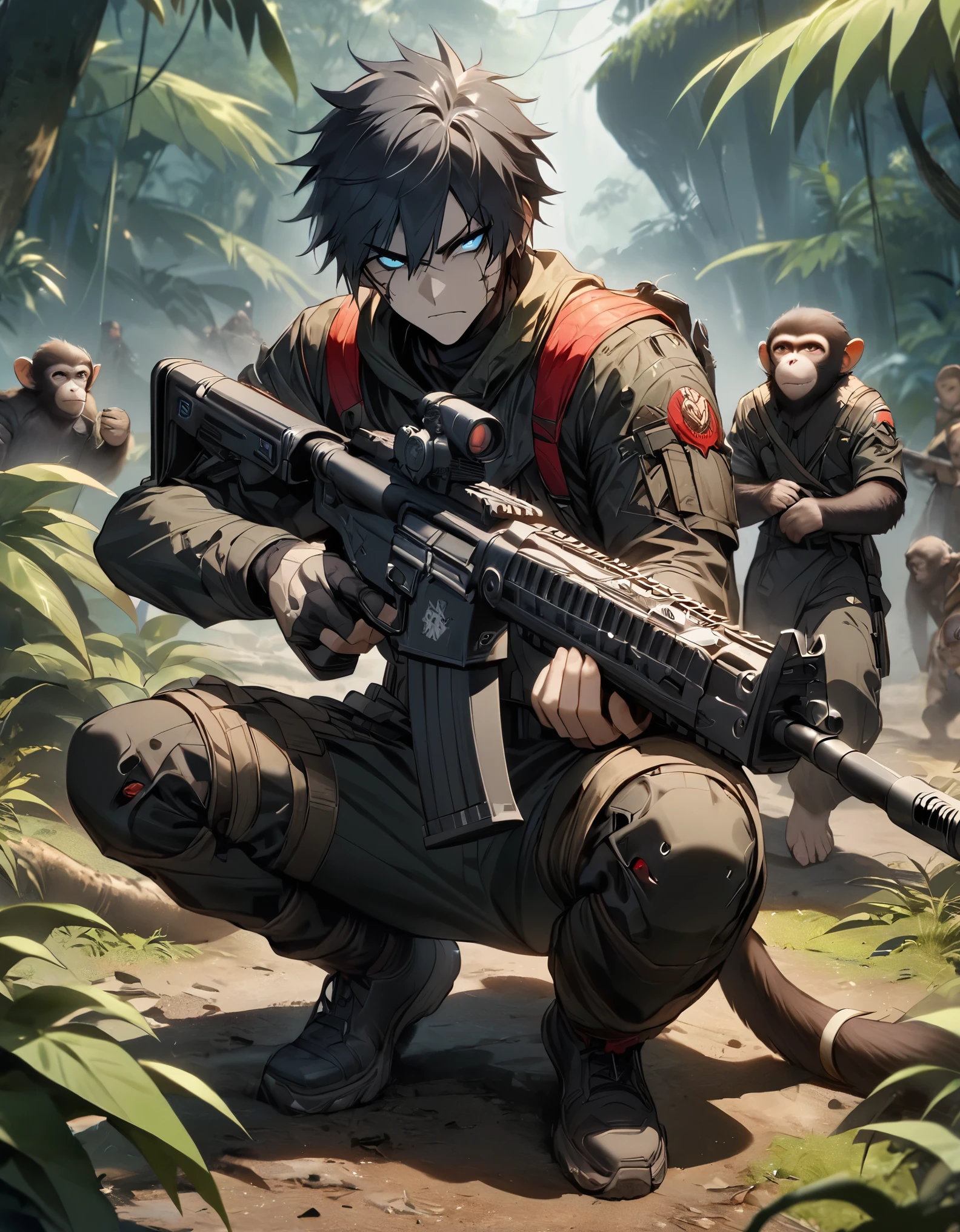 masterpiece, best quality, 1boy, male focus, solo, solo focus, black hair, aquamarine eyes, anthropomorphic, monkey, monkey-human mutant hybrid, mercenary, (holding an assault rifle), crouching position, jungle backdrop, war zone, serious, grim face, full body shot, full body with costume, cowboy shot, danger atmosphere.