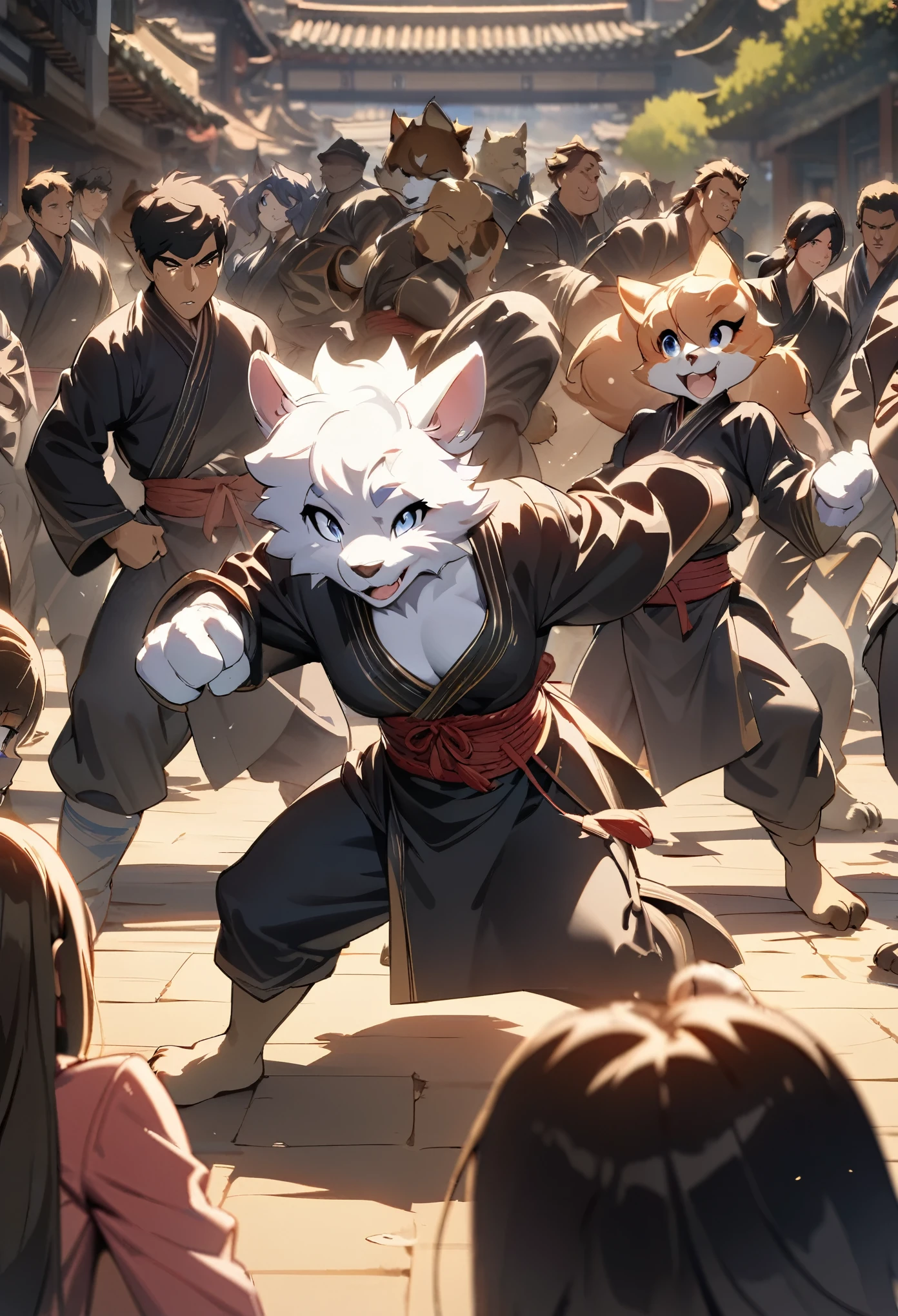 dynamic angle, top quality, best quality, High-quality illustrations, masterpiece, super high resolution, detailed background, detailed background, kung fu film, action, group shot:0.1, 6+boys, 6+girls, absurdres(highly detailed beautiful face and eyes)perfect anatomy, expression, good lighting, cinematic shadow(kemono, furry anthro),
