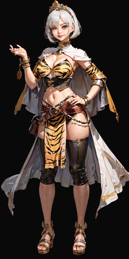 ((Masterpiece, plain background,1:2, masterpiece)) full body standing with separate yellow tiger print stockings thighs and sleeves, yellow tiger bikini print, hands on waist, navel, lustful smirking smiling, smile face (red blushed, red cheeks) armbands, black leather choker slave collar, metal sandals, big knockers, cleavage, separate sleeves, leather corset, hands on hips, shackles bracelets, slave red crest, loincloth standing, metal sandals, big belt, view from below, feet together, bracers, standing contrapposto straight symmetrical looking to viewer