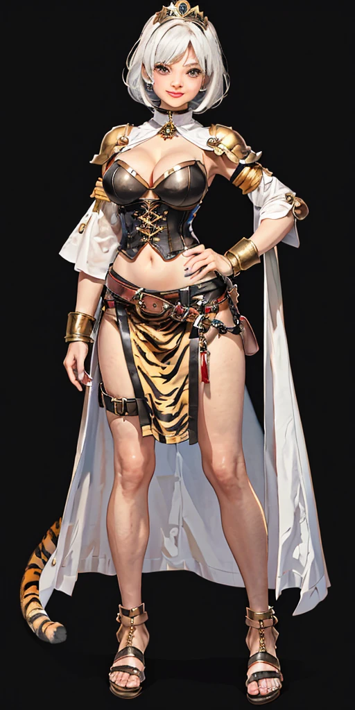 ((BLACK BACKGROUND 1:2, masterpiece)) 1solo female full body MILF BIMBO standing straight symmetrical with two long thighs and two metal sandals, red eyes like rubies, eye focus looking to the viewer, silver white hair, short bob style hair, big knockers breastplate, breastplate, cleavage, tiara royal, long cape up to two feet, yellow bikini (yellow tiger stripes), lustful smirking smiling, smile face (red blushed, red cheeks), pauldrons metal shoulders, gold sleeveless bracelets, separate sleeves, hands on waist hands OR hips, golden bracers, metal handcuffs, leather corset, red loincloth, black leather choker slave collar, shackles bracelets, slave red crest under navel, navel, big belt around waist OR hips, feet together, metal ankle, two long thighs and two metal sandals