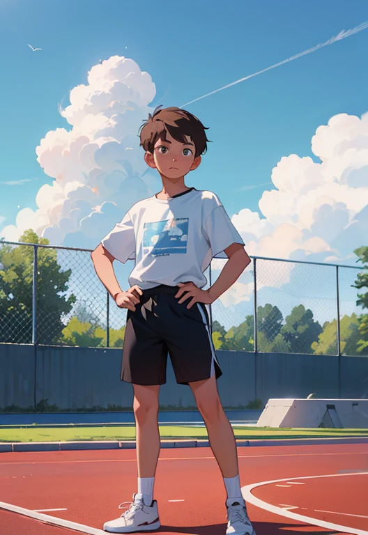 Masterpiece, high resolution, high quality, intricate details, full body portrait, front view, 1boy, solo, 14 years old boy, teenage male, short brown hair, looking at viewer, worried and uneasy expression, ((Wearing: White Gym T-shirt, Black Gym shorts, and blue sneakers)), standing, hands on hips, looking at viewer, (Background: outdoors, middle school track field, blue sky, clouds in the sky),
