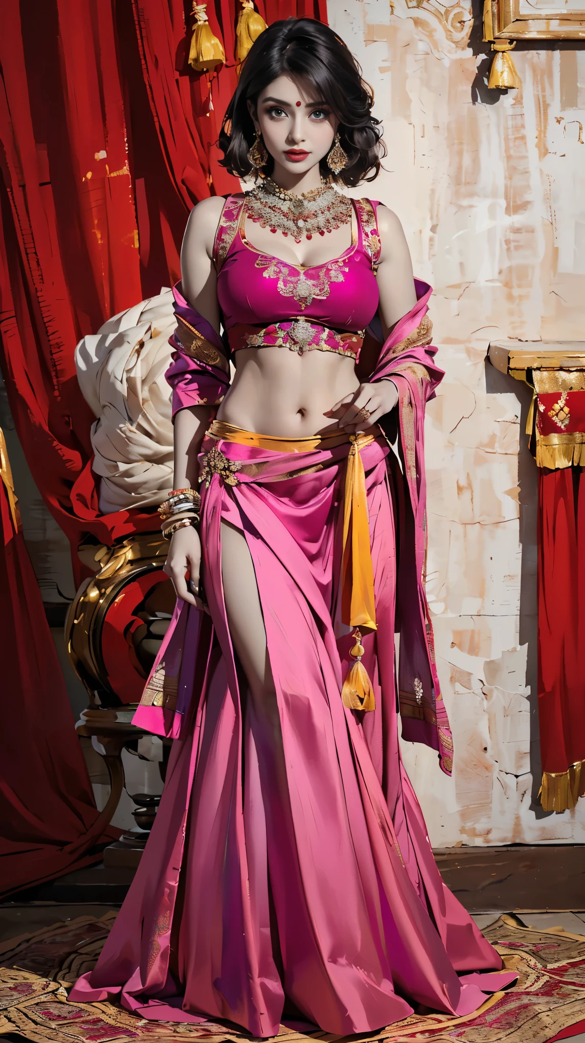 (Ultra-detailed, photorealistic, best quality, 4k,8k, highres, masterpiece:1.3), Featured is a Tawaif, a courtesan from the Indian subcontinent, ((who embodies the essence of mature allure, sophistication, and grace)), (((She boasts an elegant stature, complemented by a traditional figure, a slender waist, and well-sculpted features, epitomizing the quintessential Indian beauty))), (She is adorned with dark, lustrous hair), (striking almond-shaped eyes), ((and a fair complexion)), enhanced by vibrant, expressive makeup, (((She exhibits an exquisite traditional ensemble which includes a 'Lehenga Choli', a traditional Indian outfit. This outfit features a form-fitting blouse known as choli, and a voluminous skirt known as lehenga, offering a traditional yet fashionable twist. She also wears traditional 'Kundan Jewelry', 'Anklets', and carries a 'Potli Bag'))), (The vibrant, form-fitting lehenga choli presents a striking contrast against her fair skin), She is portrayed posing elegantly in her outfit, (exceptionally detailed:1.3),, super finely detailed hands, ultra finely detailed fingers(((ten fingers))), (posing elegantly), (full body showcase), (show full body), (no logos in the background), (no logo).