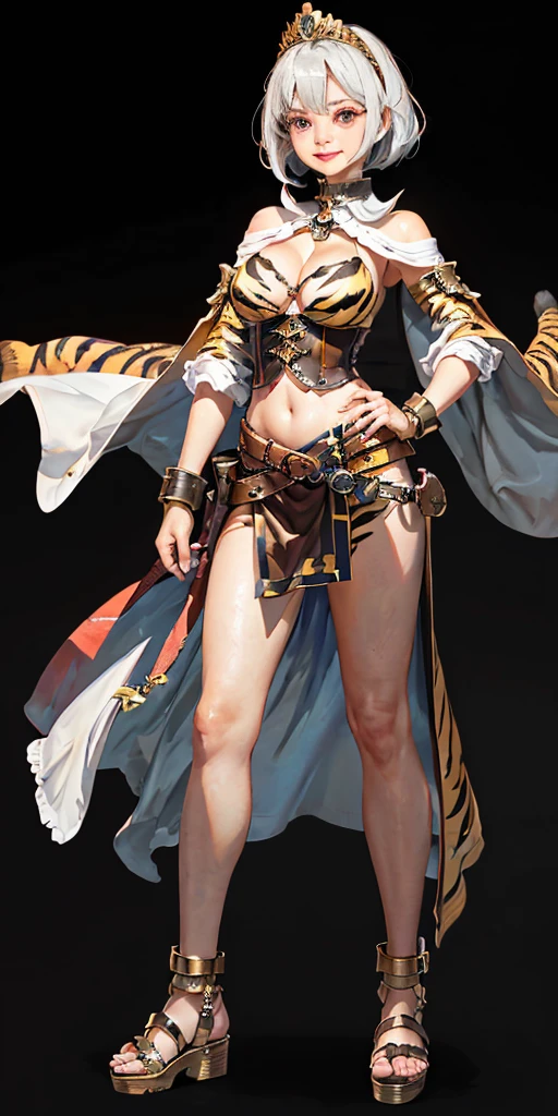 ((BLACK BACKGROUND 1:2, masterpiece)) 1solo female full body MILF BIMBO standing straight symmetrical with two long thighs and two metal sandals, red eyes like rubies, eye focus looking to the viewer, silver white hair, short bob style hair, big knockers breastplate, breastplate, cleavage, tiara royal, long cape up to two feet, yellow bikini (yellow tiger stripes), lustful smirking smiling, smile face (red blushed, red cheeks), pauldrons metal shoulders, gold sleeveless bracelets, separate sleeves, hands on waist hands OR hips, golden bracers, metal handcuffs, leather corset, red loincloth, black leather choker slave collar, shackles bracelets, slave red crest under navel, navel, big belt around waist OR hips, feet together, metal ankle, two long thighs and two metal sandals