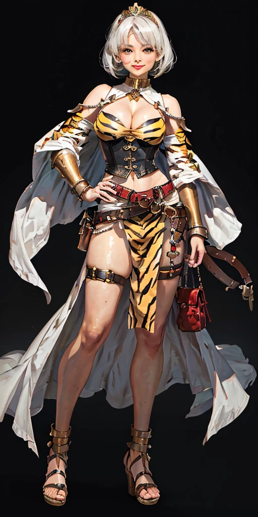 ((BLACK BACKGROUND 1:2, masterpiece)) 1solo female full body MILF BIMBO standing straight symmetrical with two long thighs and two metal sandals, red eyes like rubies, eye focus looking to the viewer, silver white hair, short bob style hair, big knockers breastplate, breastplate, cleavage, tiara royal, long cape up to two feet, yellow bikini (yellow tiger stripes), lustful smirking smiling, smile face (red blushed, red cheeks), pauldrons metal shoulders, gold sleeveless bracelets, separate sleeves, hands on waist hands OR hips, golden bracers, metal handcuffs, leather corset, red loincloth, black leather choker slave collar, shackles bracelets, slave red crest under navel, navel, big belt around waist OR hips, feet together, metal ankle, two long thighs and two metal sandals