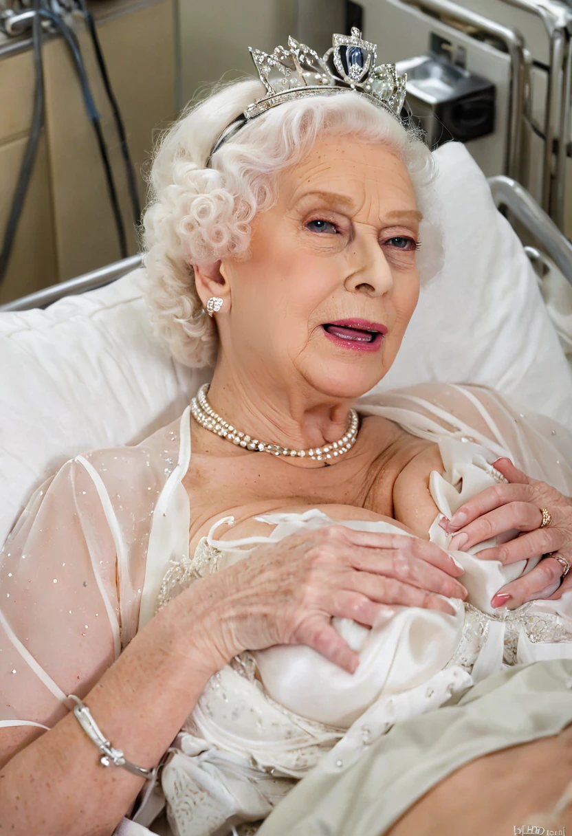 masterpiece, (queen elizabeth 80yo lying down in a hospital bed)(gigantic breast), (titfuck by doctor:1.5), (diagonal view), (excessive cum on face), (white sheer chiffon dress)