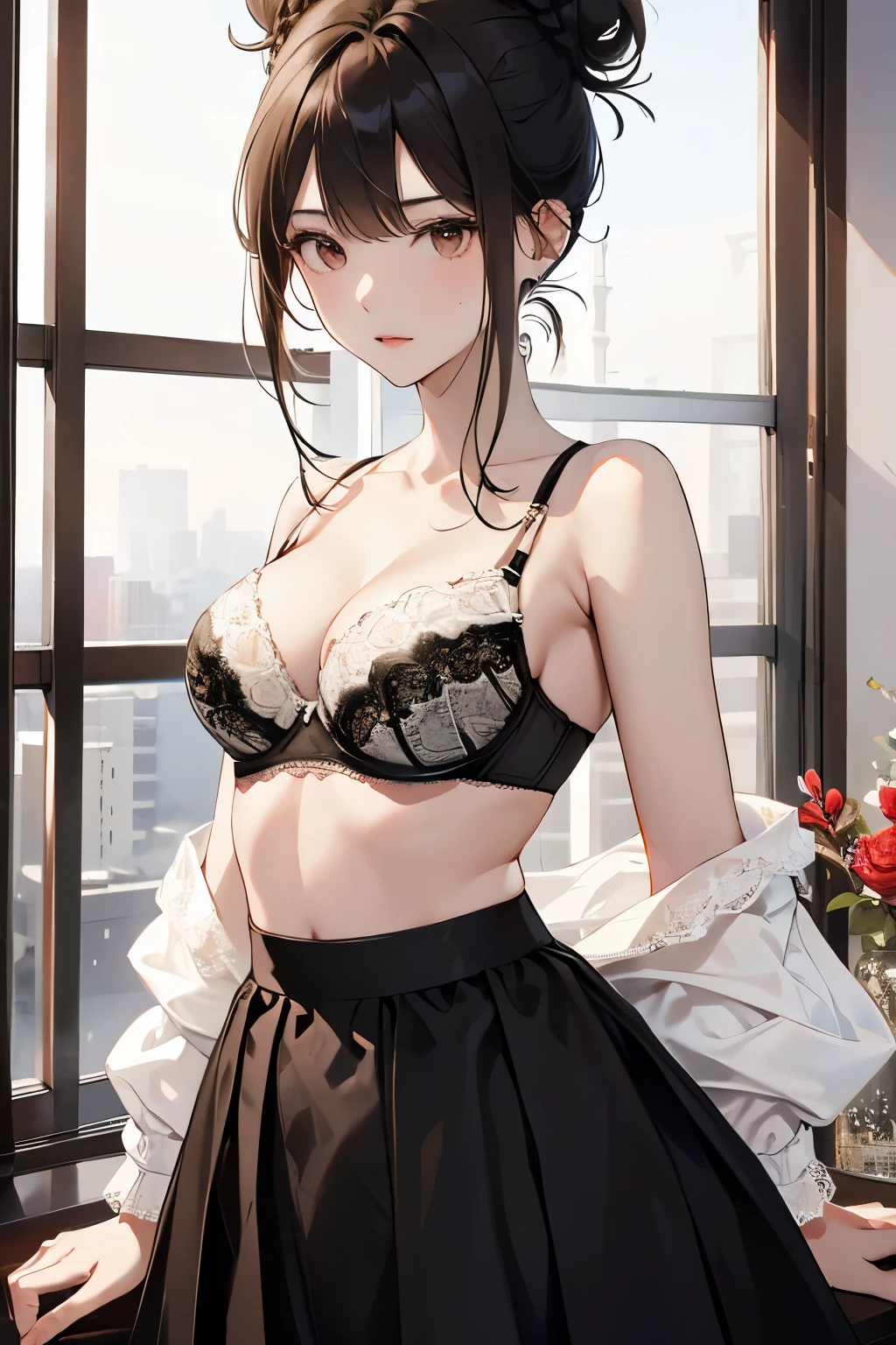 best quality, highres,Slender、Brown eyes、tall、Black Hair、(Forehead Baring:1.7)、(Bun Hair:1.3),Straight Hair、Luxury Hotel、(White lace bra:1.5)、(Black long skirt:1.3)