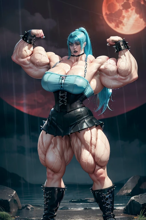 ((((Massive, tall, beautiful, buff, wet, pale white skinned muscular woman with cyan hair, black lipstick, ginormous bulky muscles, flexing muscles and wearing a black leather corset with loose skirt)))), (red background), close view, (massive muscles), massive biceps, hyper muscle shoulders, hyper muscle triceps, (beachy long hair), (glowing purple eyes), choker, (chain belt), black boots, (spiked gauntlets), (fingerless gloves), (in a raining dark island), confident smirk, night, red moon, (red skies), hyper vascular arm, hyper muscles arms, hyper muscle legs, (ginormous arms).