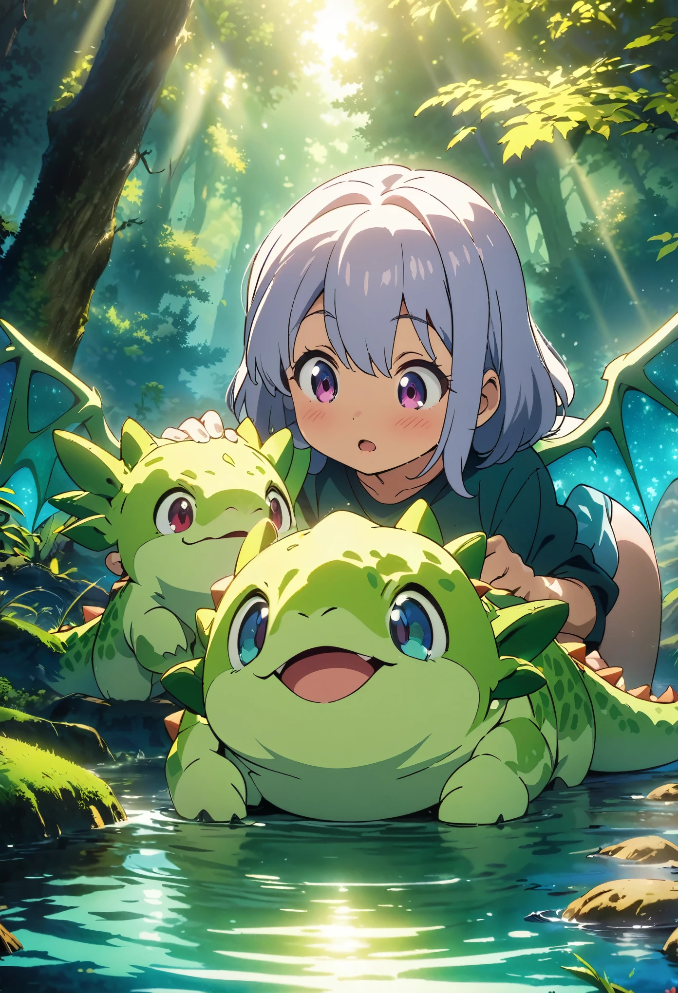 cover page, anime key visual, highres, top quality, best quality, paid reward available, High-quality illustrations, unparalleled masterpiece, perfect artwork, absurdres, Gentle scene, animated style, young girl, tenderly petting, head, body, newly hatched, dragon, lush forest, dense, lake, enchantment, magic, strong bond, friendship, rich colors, vibrant, magical environment, forest, lake, soft lighting, dappled, dreamlike, peaceful atmosphere, cinematic lighting,