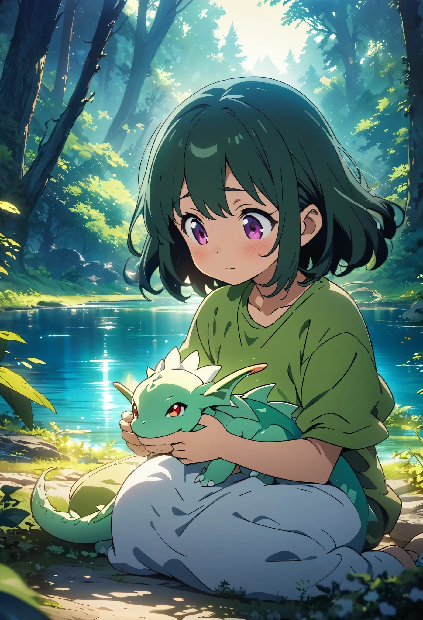 cover page, anime key visual, highres, top quality, best quality, paid reward available, High-quality illustrations, unparalleled masterpiece, perfect artwork, absurdres, Gentle scene, animated style, young girl, tenderly petting, head, body, newly hatched, baby dragon, lush forest, dense, lake, enchantment, magic, strong bond, friendship, rich colors, vibrant, magical environment, forest, lake, soft lighting, dappled, dreamlike, peaceful atmosphere, cinematic lighting,