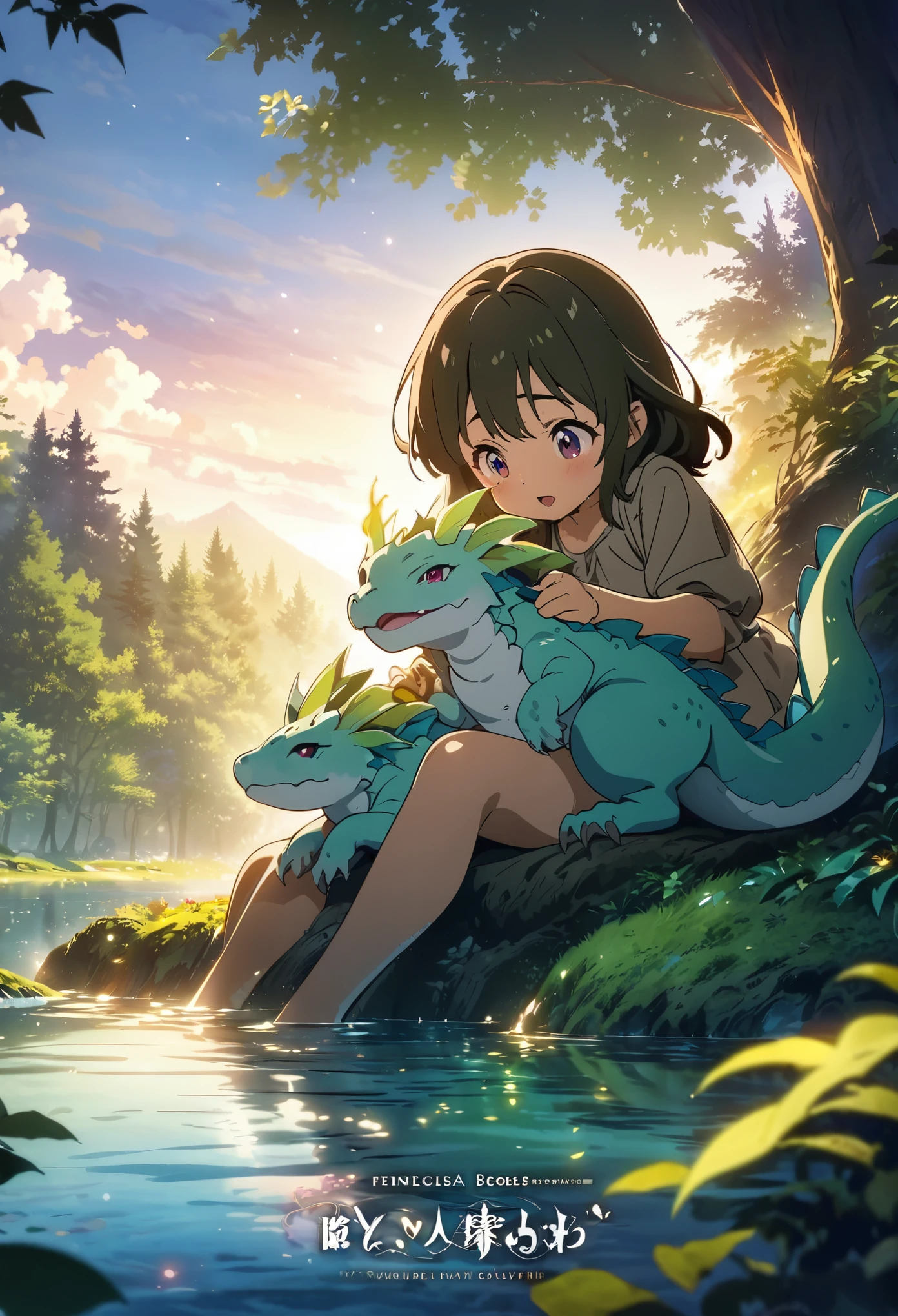 cover page, anime key visual, highres, top quality, best quality, paid reward available, High-quality illustrations, unparalleled masterpiece, perfect artwork, absurdres, Gentle scene, animated style, young girl, tenderly petting, head, body, newly hatched, baby dragon, lush forest, dense, lake, enchantment, magic, strong bond, friendship, rich colors, vibrant, magical environment, forest, lake, soft lighting, dappled, dreamlike, peaceful atmosphere, cinematic lighting,