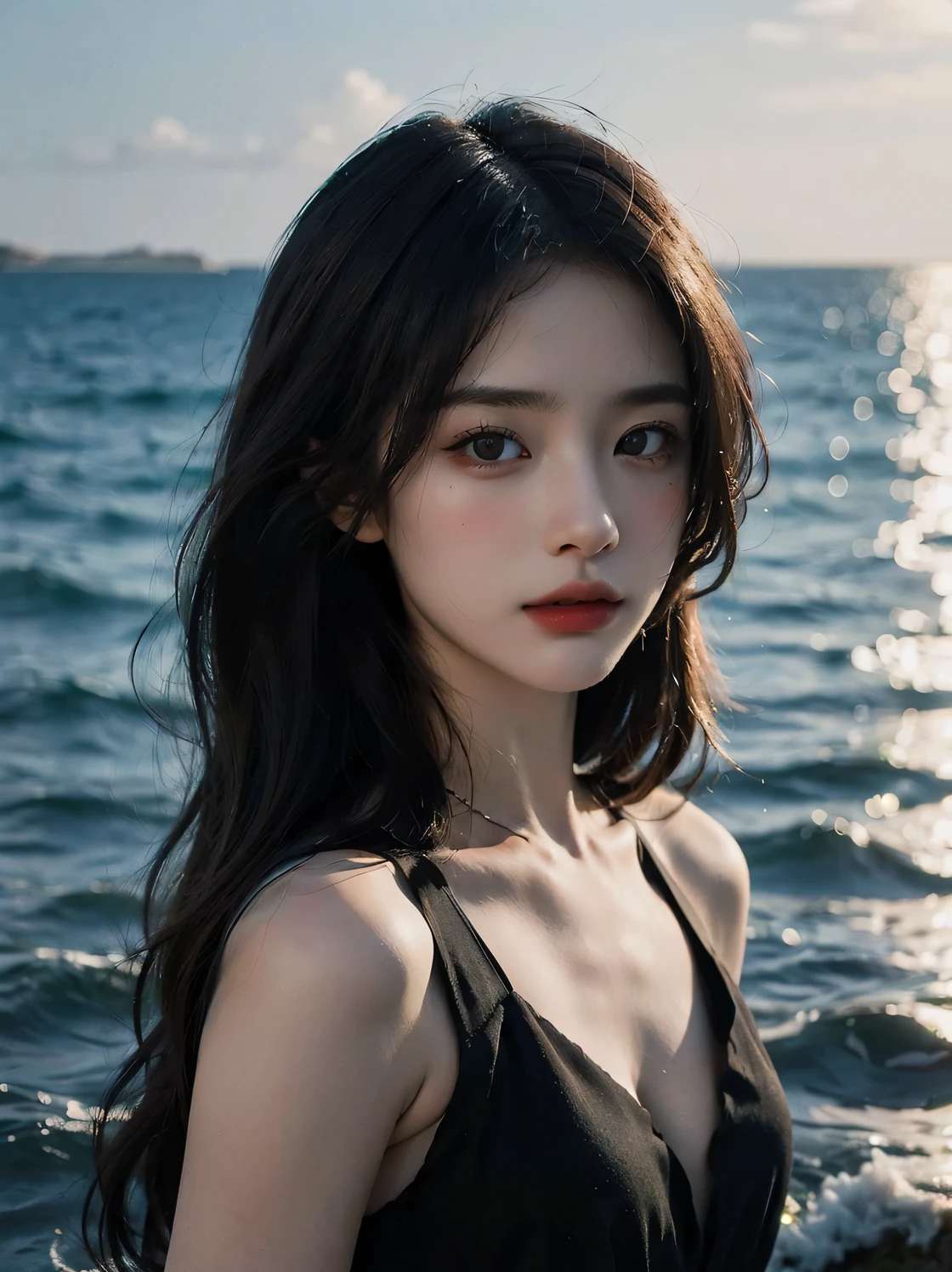 1girl, (looking at viewer:1.2), detail face, (a girl standing, rending on , black shadows, sea backdrop,gorgeous red and black dress), romanticism, atmospheric, (RAW photo, best quality), (realistic, photo-realistic:1.3), masterpiece, an extremely delicate and beautiful, extremely detailed,