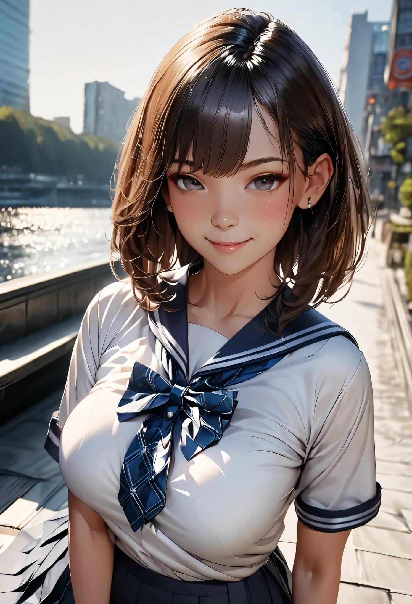 (masterpiece:1.3), (8k、Realistic, RAW Photos, highest quality:1.2), (alone), (1 girl), (cute:1.3), (Very beautiful 14 year old Japanese girl), Symmetrical perfect face, nice smile, Red cheeks, (Skin with attention to detail: 1.2), Photorealistic Anime Girl Rendering, Realistic anime 3D style, beautiful brown hair bob cut, Intense black eyes, Strong eye highlights, (Accurate and natural normal size breasts), Perfect Anatomy, messy hair, (Sailor suit), ((Navy colored white short sleeve shirt, Girls' High School , navy pleated skirt, navy blue plaid bow tie)), (Luxury silk bra and panties), Accurate Arm, Five Fingers, Accurate legs, morning, (Beautiful Landscape Background), (Downtown), On the bench, get up, Volumetric lighting, Soft Light, bright, neon, bright色