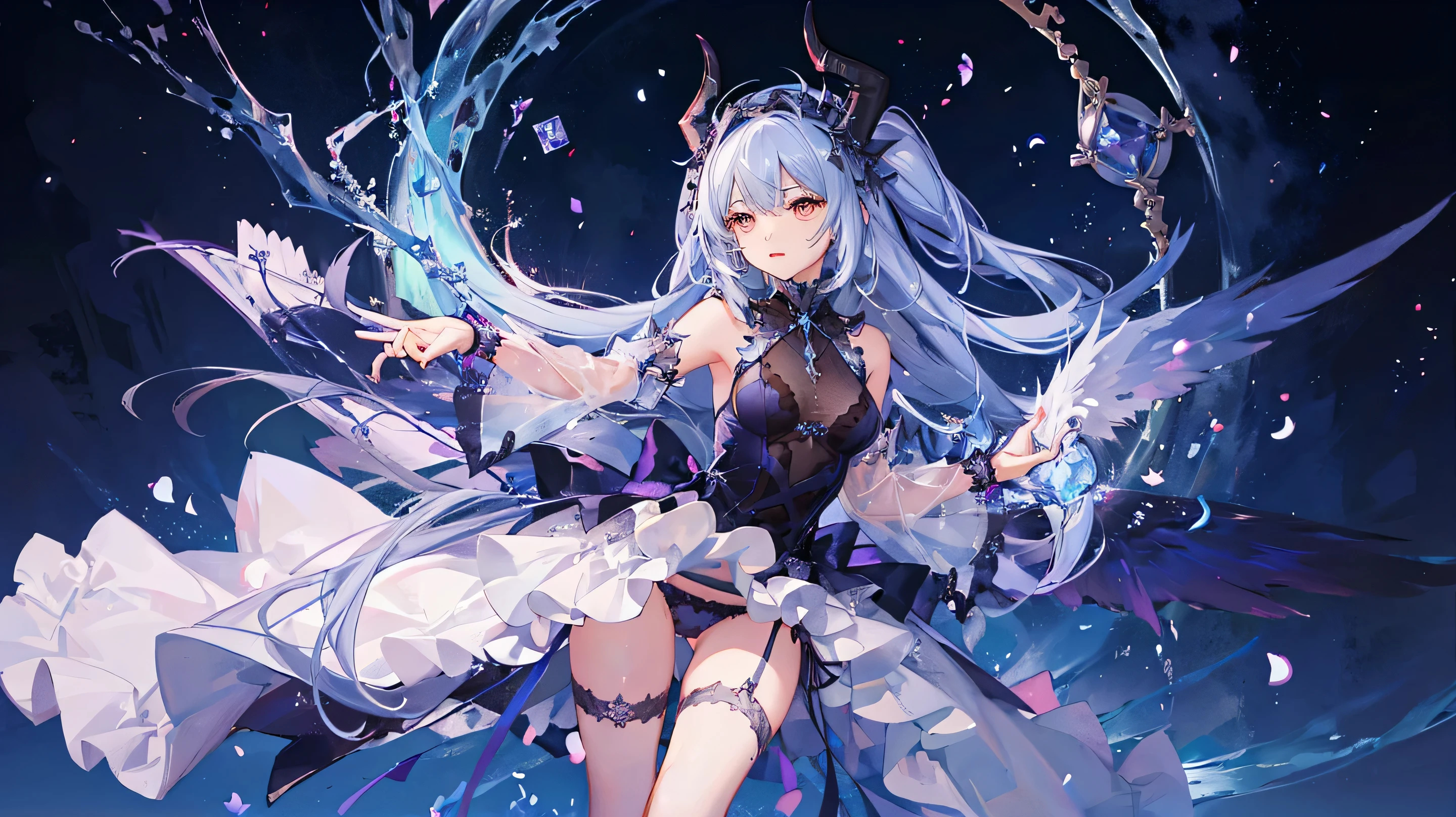 1girl,Anatomically correct, (masterpiece), highest quality, (Sharp details), Detailed eyes,Expressive eyes, ((Improve)),game cg ,whole body,((Succubus)),medium breasts,Long Hair,,Small breasts,Devil&#39;s Wings,Devil&#39;s Tail,sweet,standing,Gorgeous dress,((Light blue panties)),panty shot,cute,close up,Dynamic Angles,Uplifting,