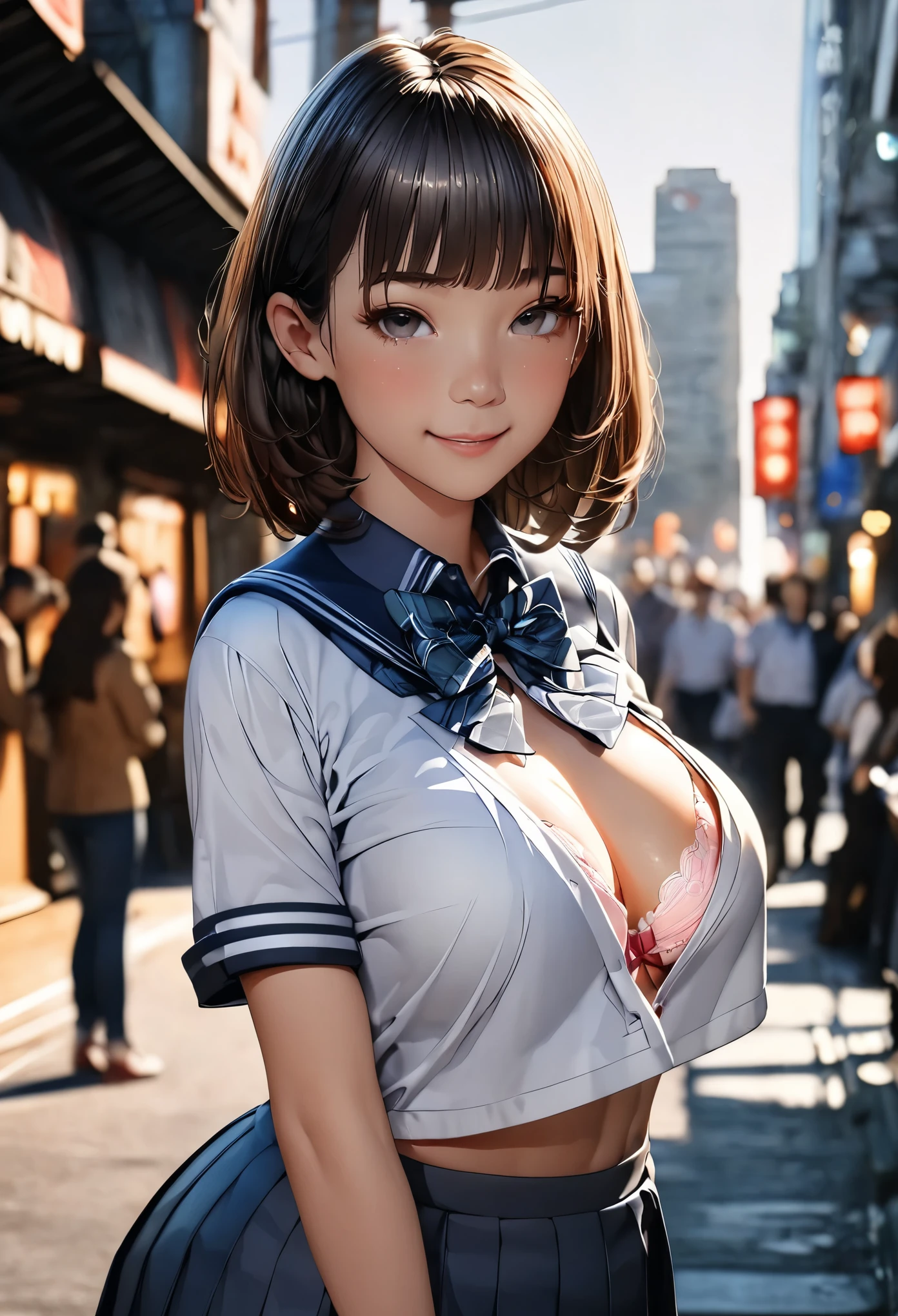 (masterpiece:1.3), (8k、Realistic, RAW Photos, highest quality:1.2), (alone), (1 girl), (cute:1.3), (Very beautiful 14 year old Japanese girl), Symmetrical perfect face, nice smile, Red cheeks, (Skin with attention to detail: 1.2), Photorealistic Anime Girl Rendering, Realistic anime 3D style, beautiful brown hair bob cut, Intense black eyes, Strong eye highlights, (Accurate and natural normal size breasts), Perfect Anatomy, messy hair, (Sailor suit), ((Navy colored white short sleeve shirt, Girls' High School , navy pleated skirt, navy blue plaid bow tie)), (Luxury silk bra and panties), Accurate Arm, Five Fingers, Accurate legs, morning, (Beautiful Landscape Background), (Downtown), On the bench, get up, Volumetric lighting, Soft Light, bright, neon, bright色