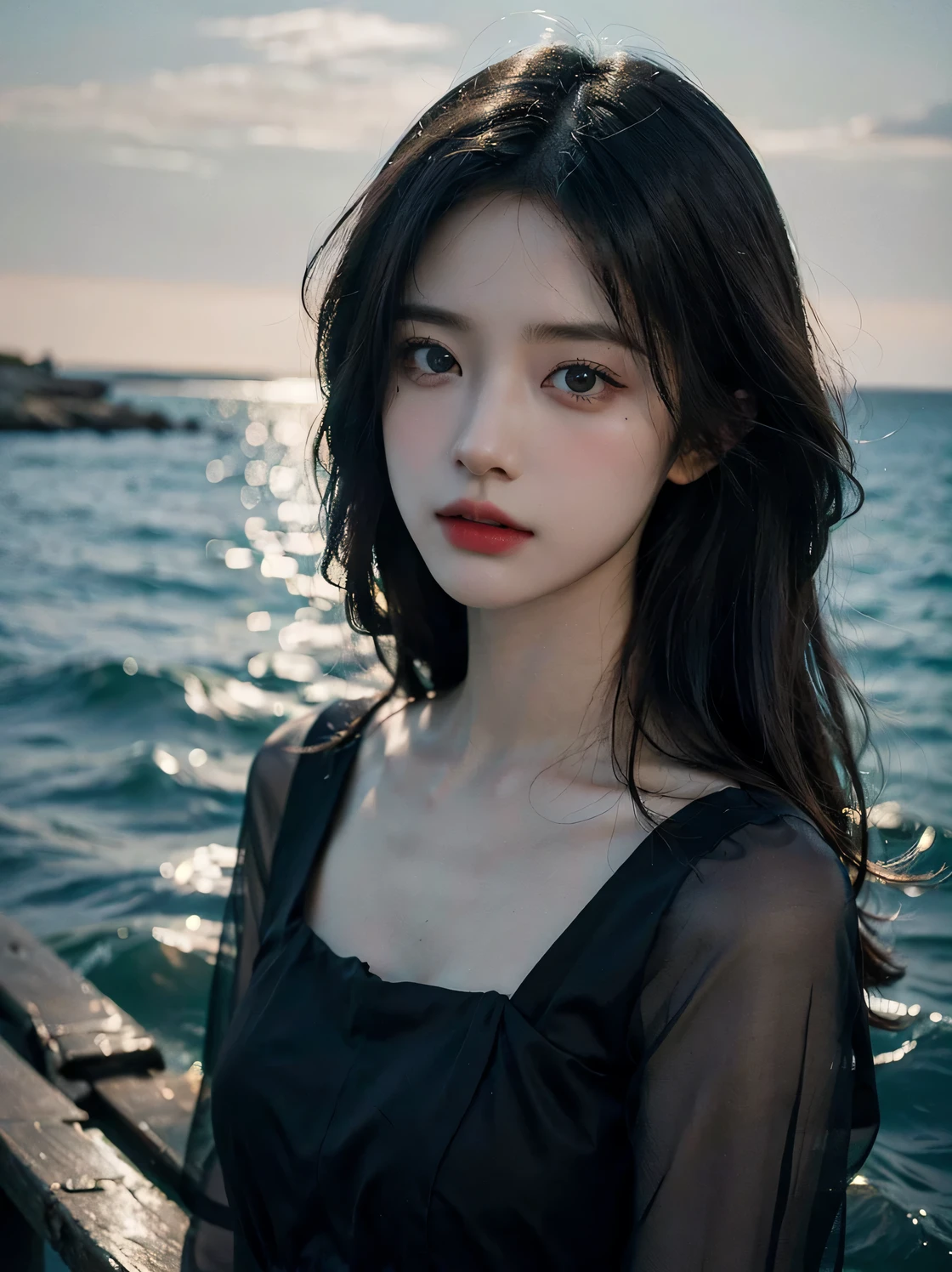 1girl, (looking at viewer:1.2), detail face, (a girl standing, rending on , black shadows, sea backdrop，gorgeous red and black dress), romanticism, atmospheric, (RAW photo, best quality), (realistic, photo-realistic:1.3), masterpiece, an extremely delicate and beautiful, extremely detailed,
