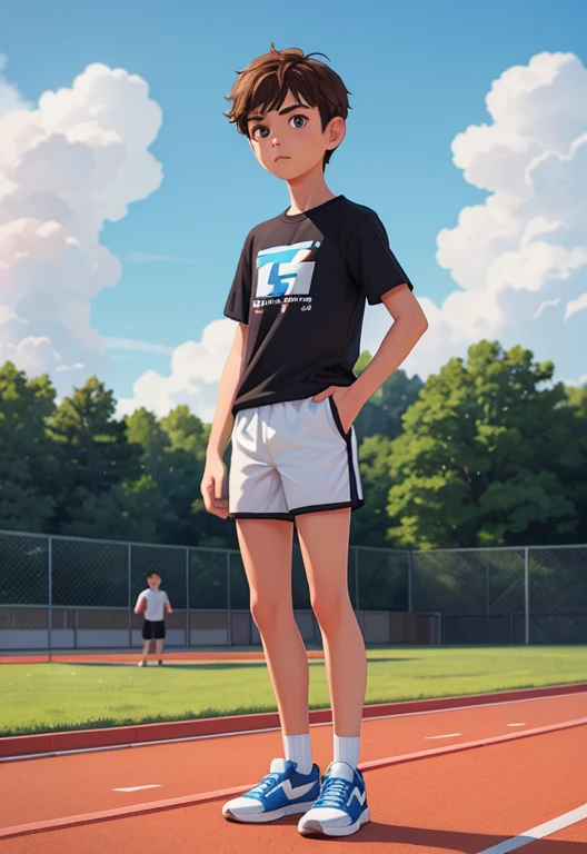 Masterpiece, high resolution, high quality, intricate details, full body portrait, front view, 1boy, solo, 14 years old boy, teenage male, short brown hair, looking at viewer, worried and uneasy expression, ((Wearing: White Gym T-shirt, Black Gym shorts, and blue sneakers)), standing, hands on hips, looking at viewer, (Background: outdoors, middle school track field, blue sky, clouds in the sky),
