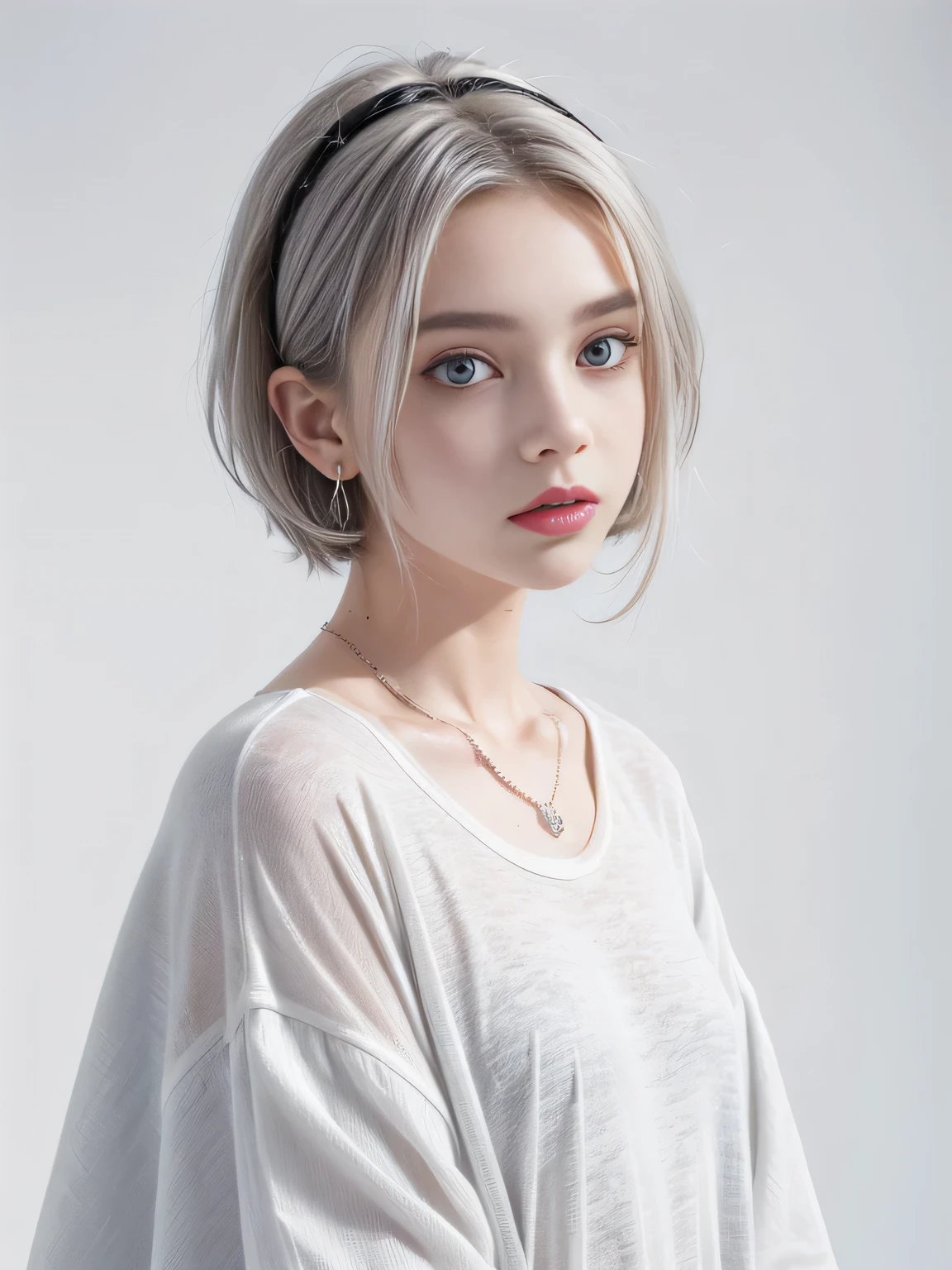 (8K, highest quality, High resolution, masterpiece :1.3), (White Background), stylish, High sense, fashion, The contour is the length of the surface, Eyes are long and narrow, (freckles), wavy silver short hair, hair band, Red oversized clothing, Baggy clothes, Upper Body, necklace, Earrings, graphic design, Strike a Pose, 