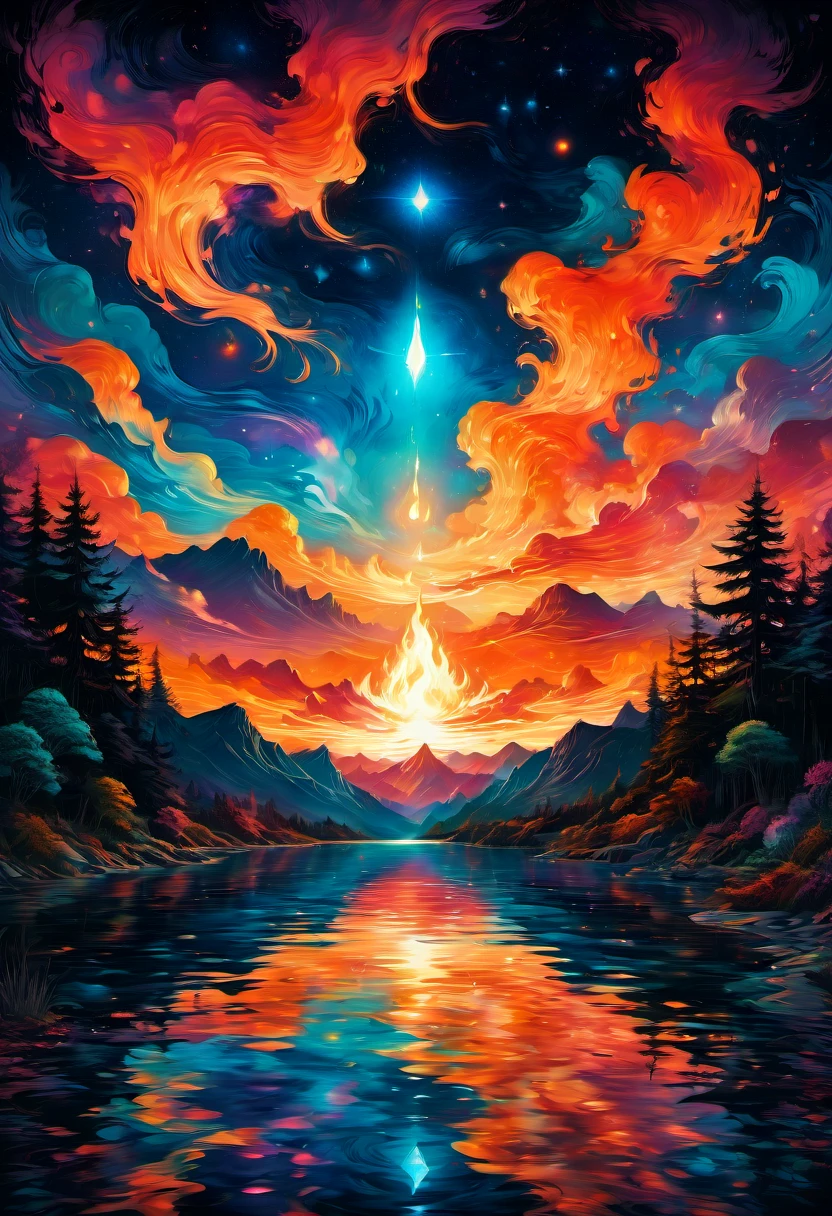 1girl, Campfire, aesthetic, (A beautiful sky, silhouette of a campfire, roaring fire, tent, on the shore by reflective crystal clear water, silhouettes of trees mountains, valleys, reflective clear water), hyperdetailed, color gradient, deep color, complementary colors, beautiful, complex, cosmic, elaborate ethereal, twilight, movement, calm, sincere, faith, perfect reflection